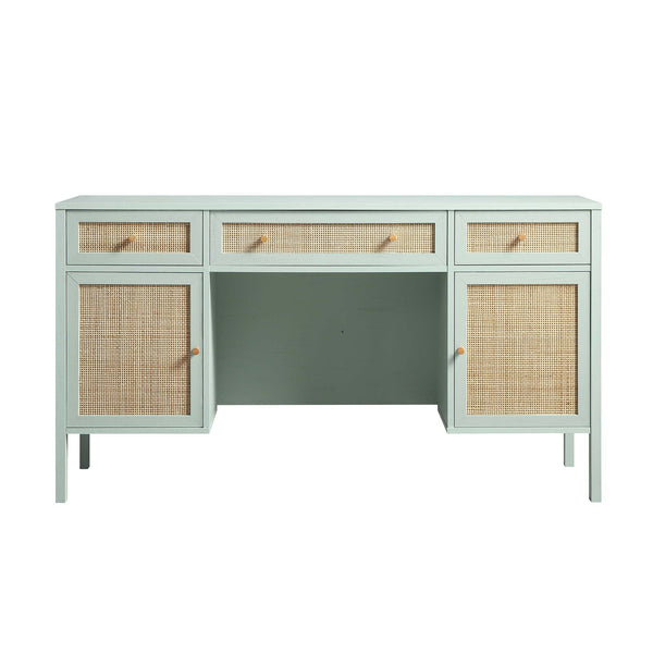 Frances Woven Rattan 3-Drawer Desk, Mint