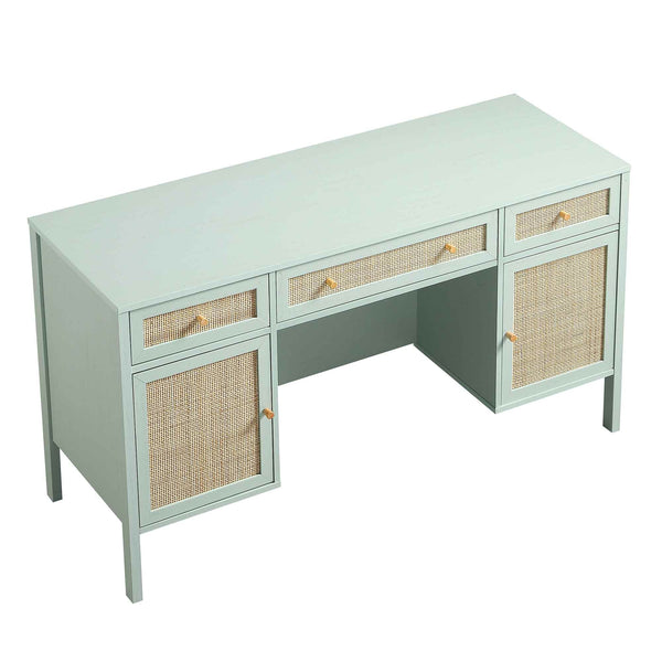 Frances Woven Rattan 3-Drawer Desk, Mint