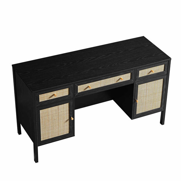 Frances Woven Rattan 3-Drawer Desk, Black