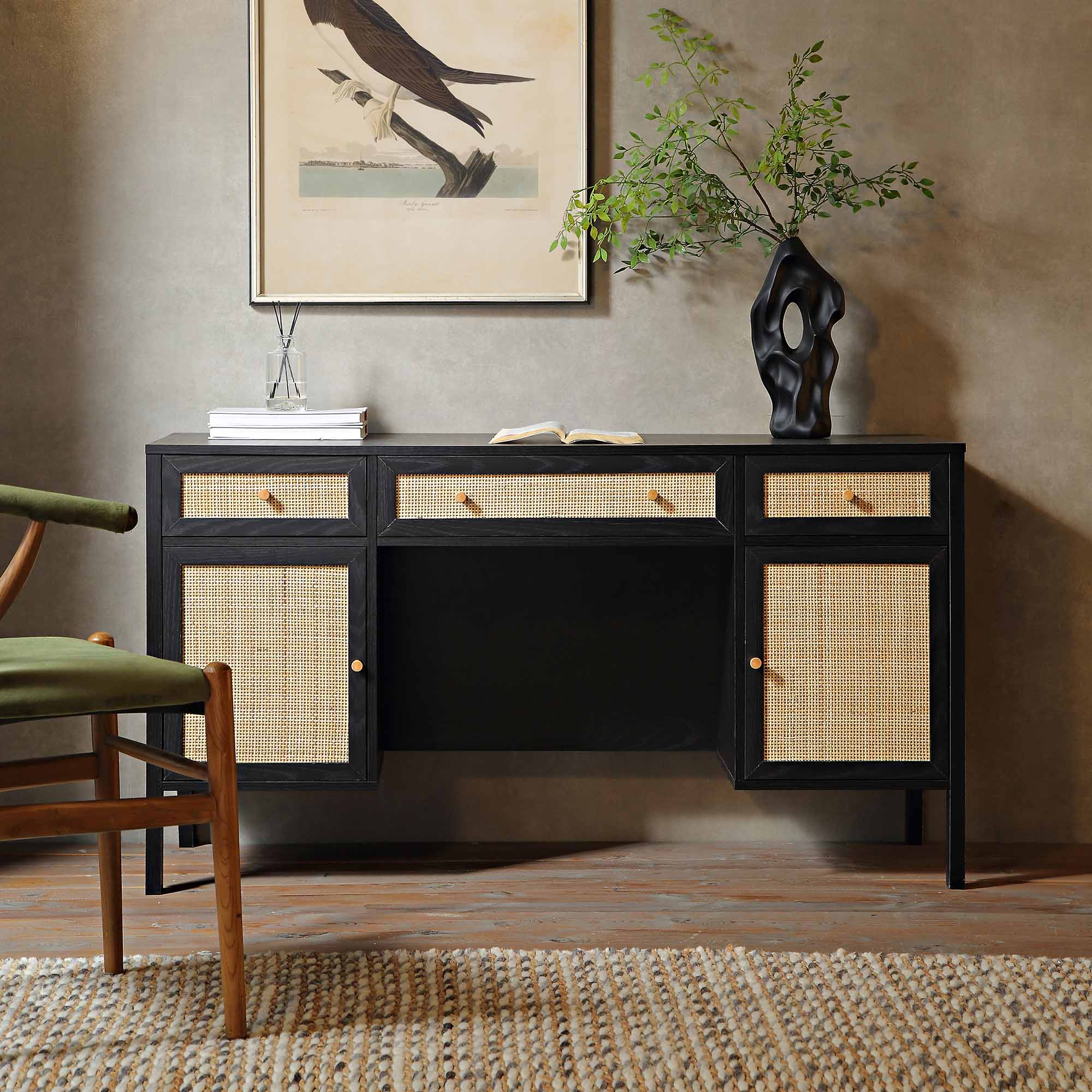 Frances Woven Rattan 3-Drawer Desk, Black