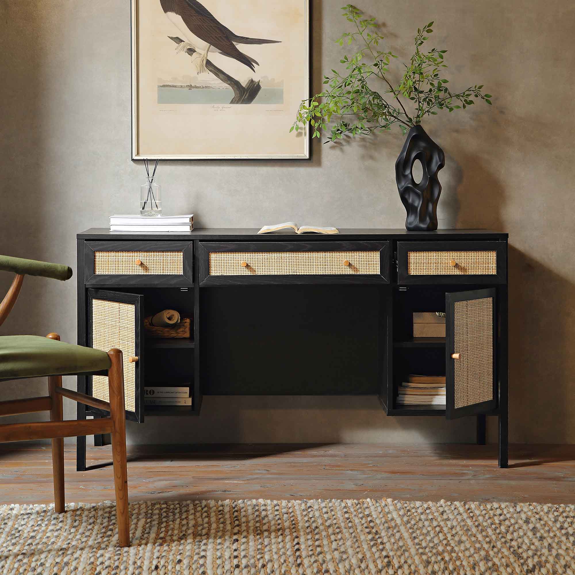 Frances Woven Rattan 3-Drawer Desk, Black