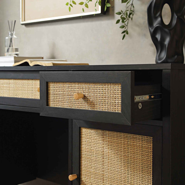 Frances Woven Rattan 3-Drawer Desk, Black