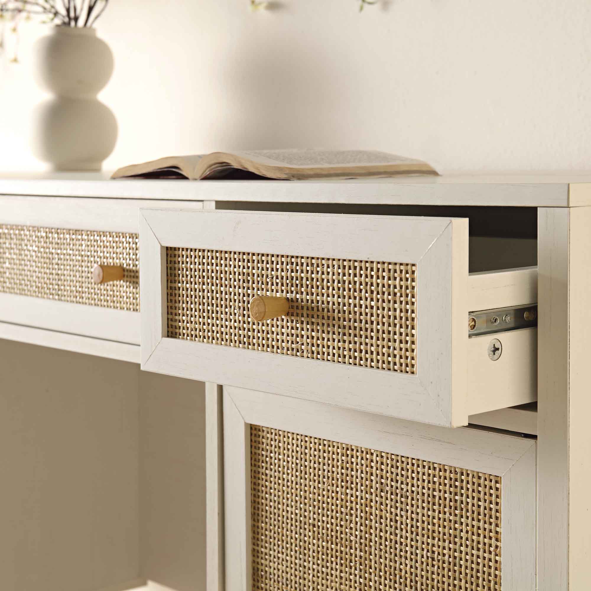 Frances Woven Rattan 3-Drawer Desk, White