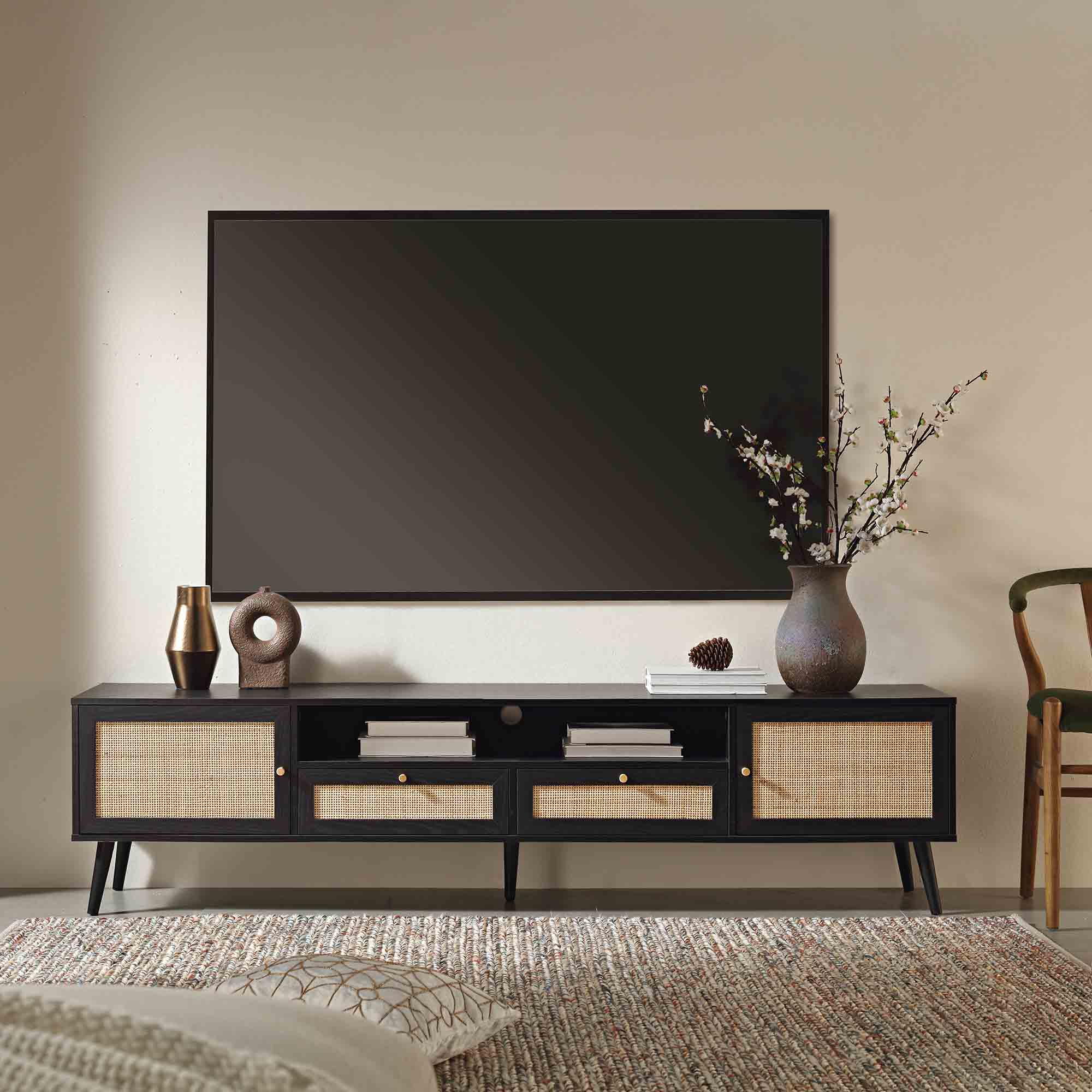 Frances Woven Rattan 79in. Wide TV Unit, Black