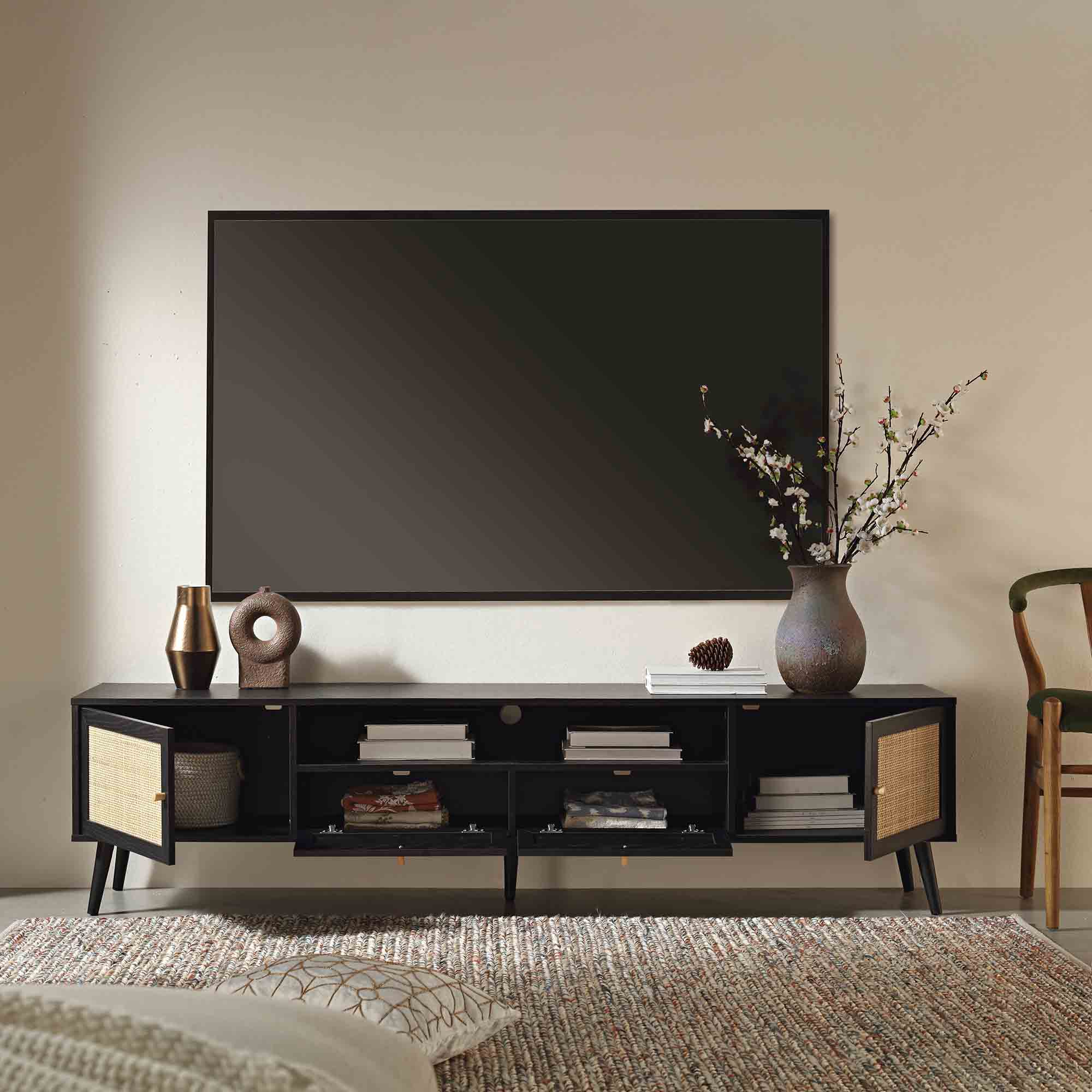 Frances Woven Rattan 79in. Wide TV Unit, Black