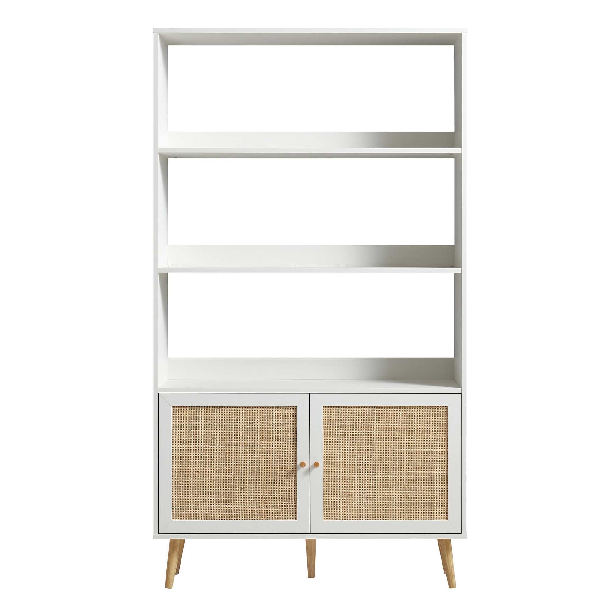 Frances Woven Rattan Bookcase with Doors, White