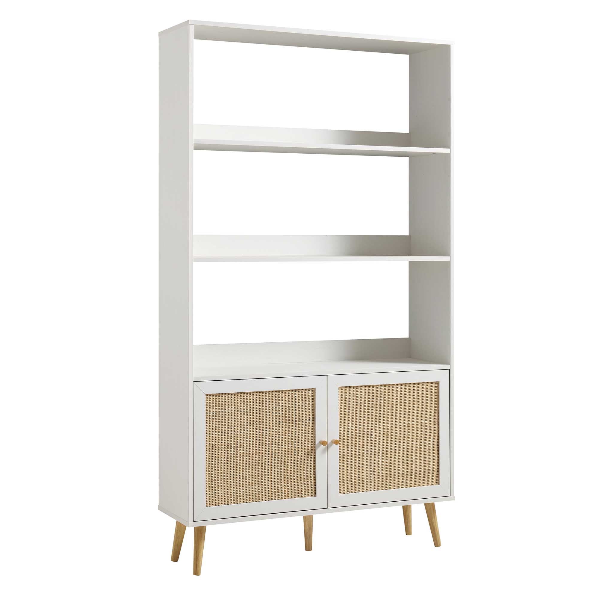 Frances Woven Rattan Bookcase with Doors, White