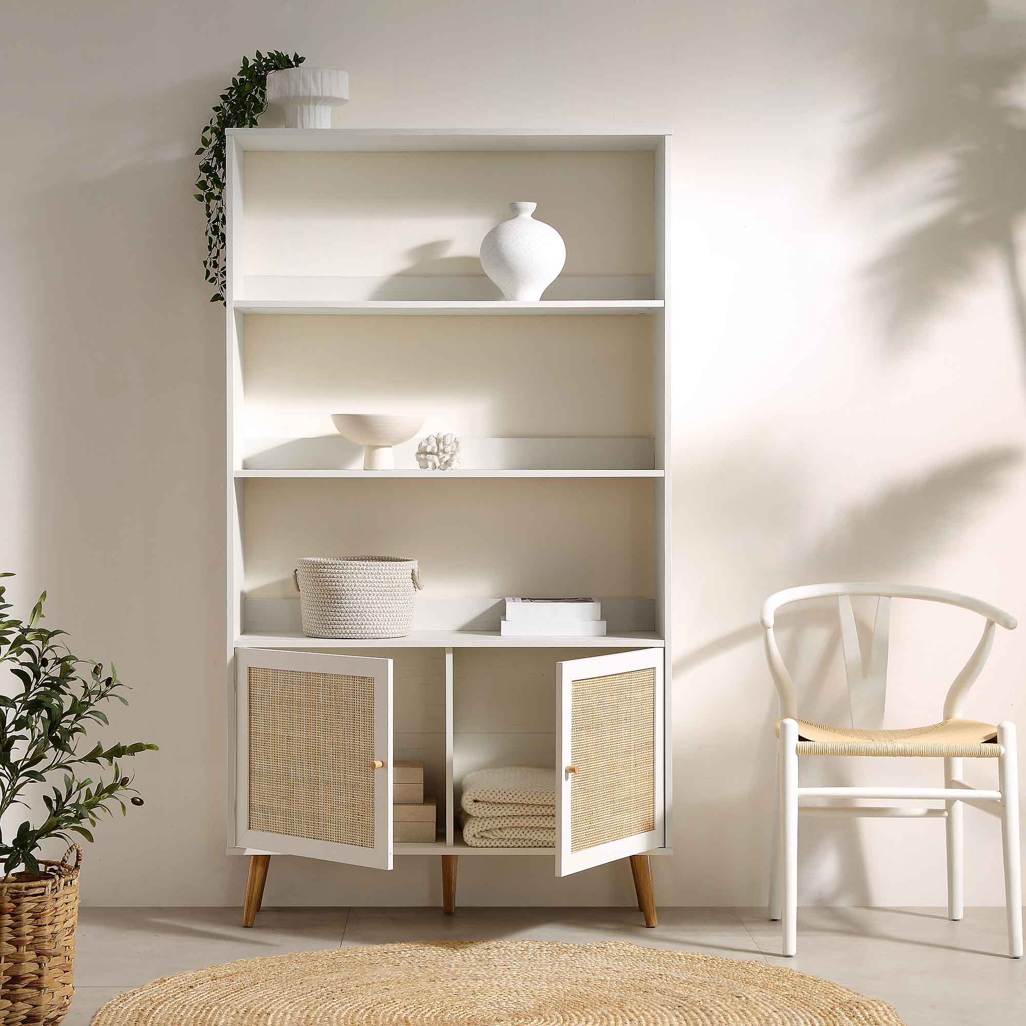 Frances Woven Rattan Bookcase with Doors, White