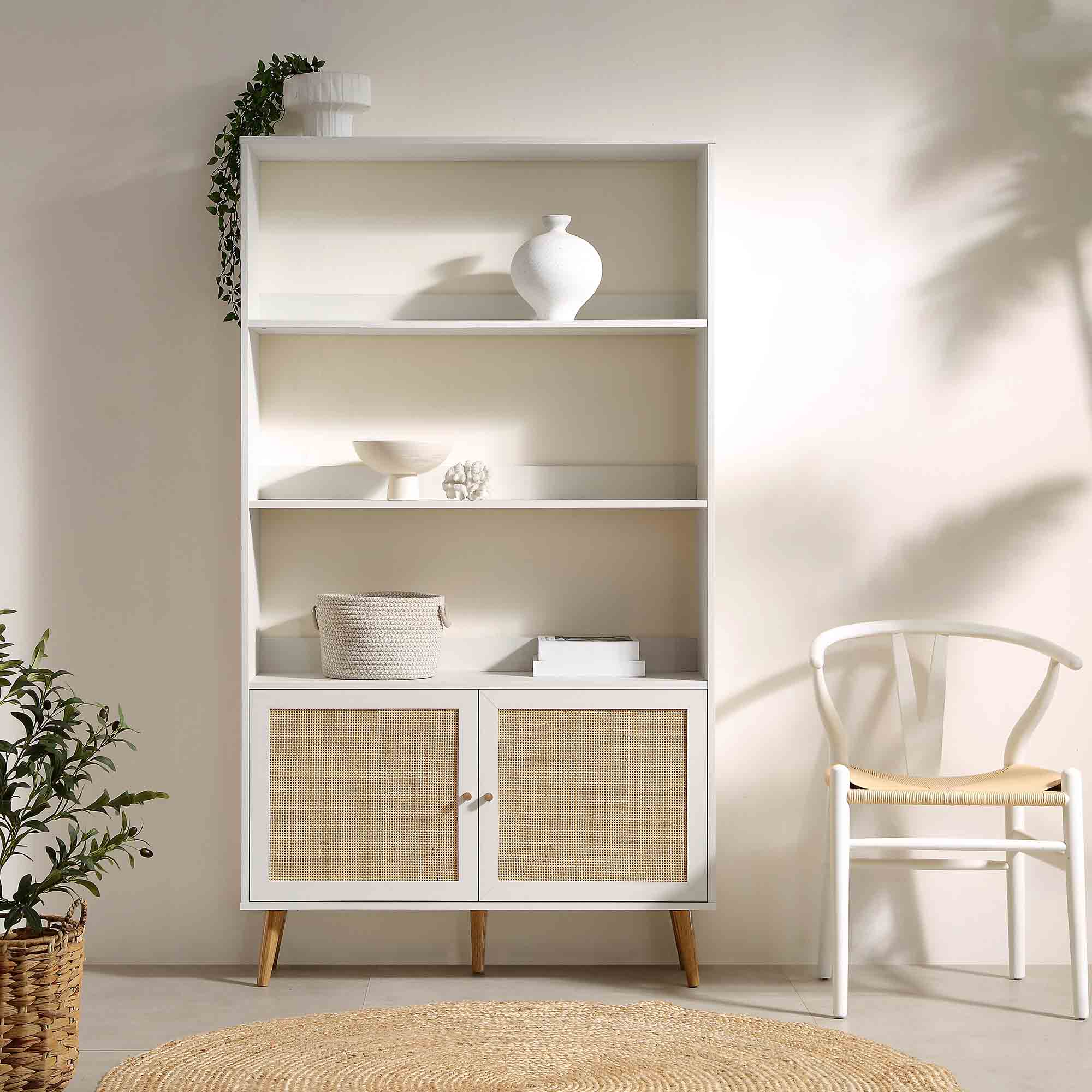 Frances Woven Rattan Bookcase with Doors, White