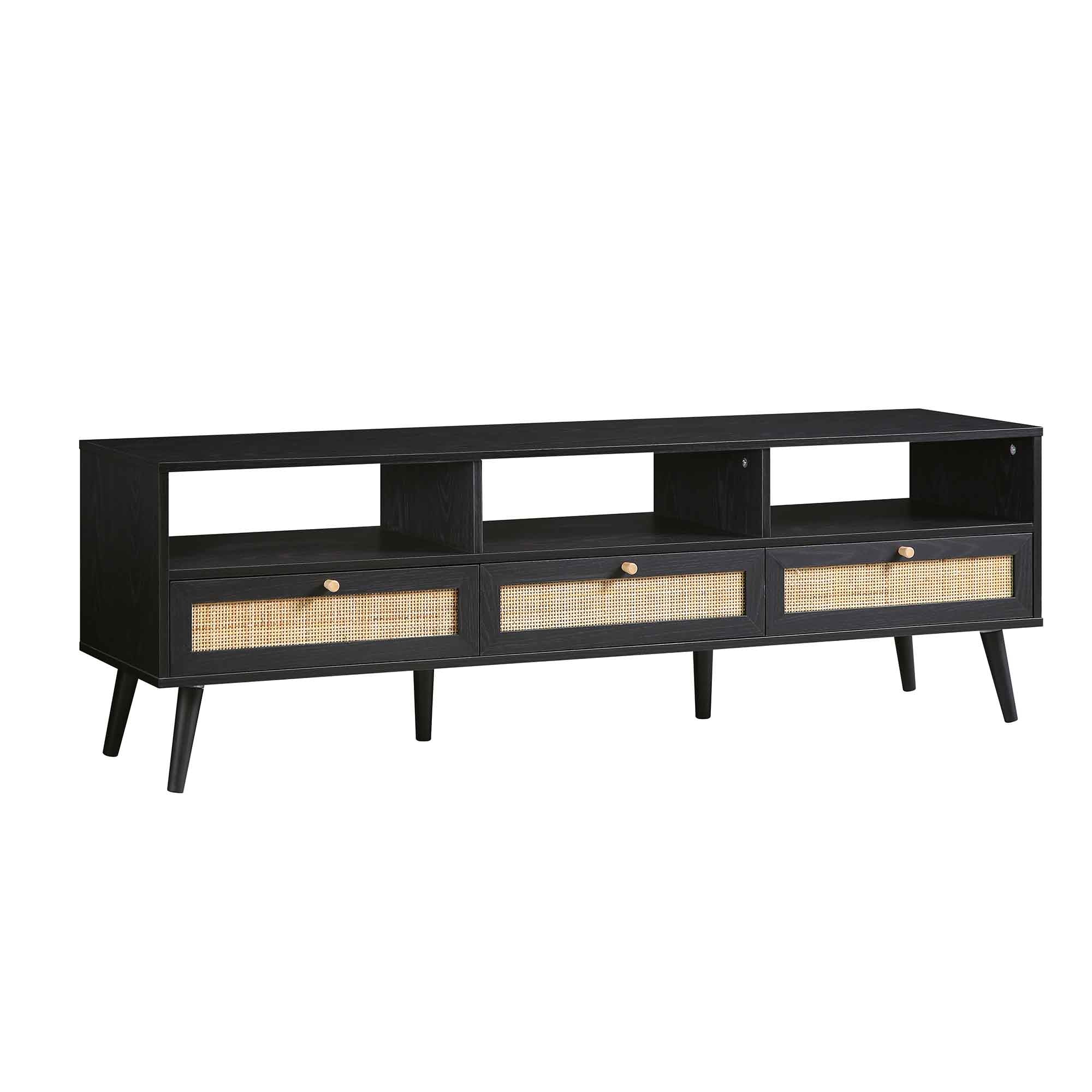 Frances Woven Rattan 63in. 3-Drawer TV Unit, Black