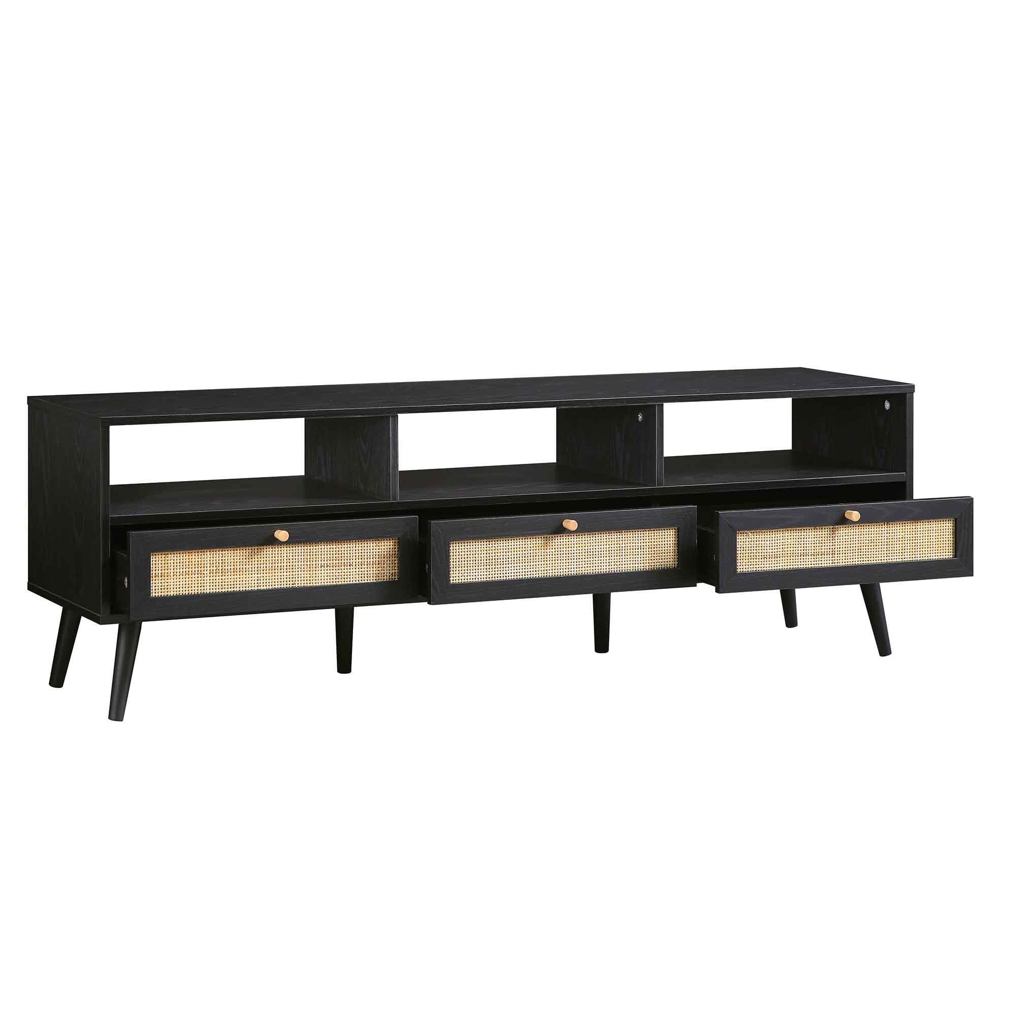 Frances Woven Rattan 63in. 3-Drawer TV Unit, Black