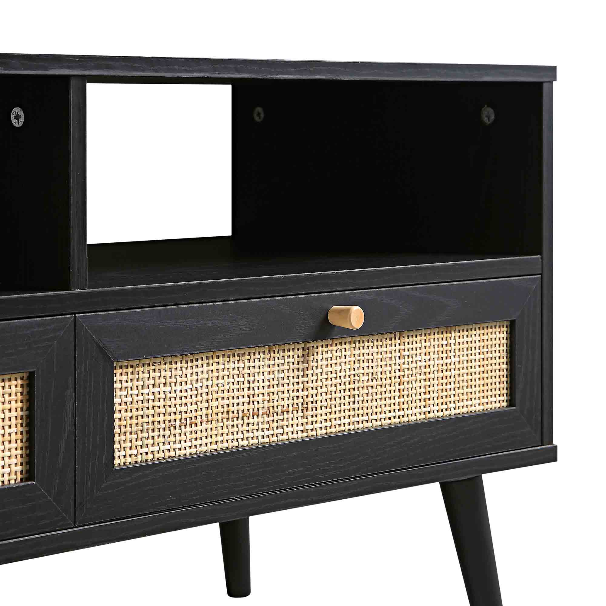 Frances Woven Rattan 63in. 3-Drawer TV Unit, Black