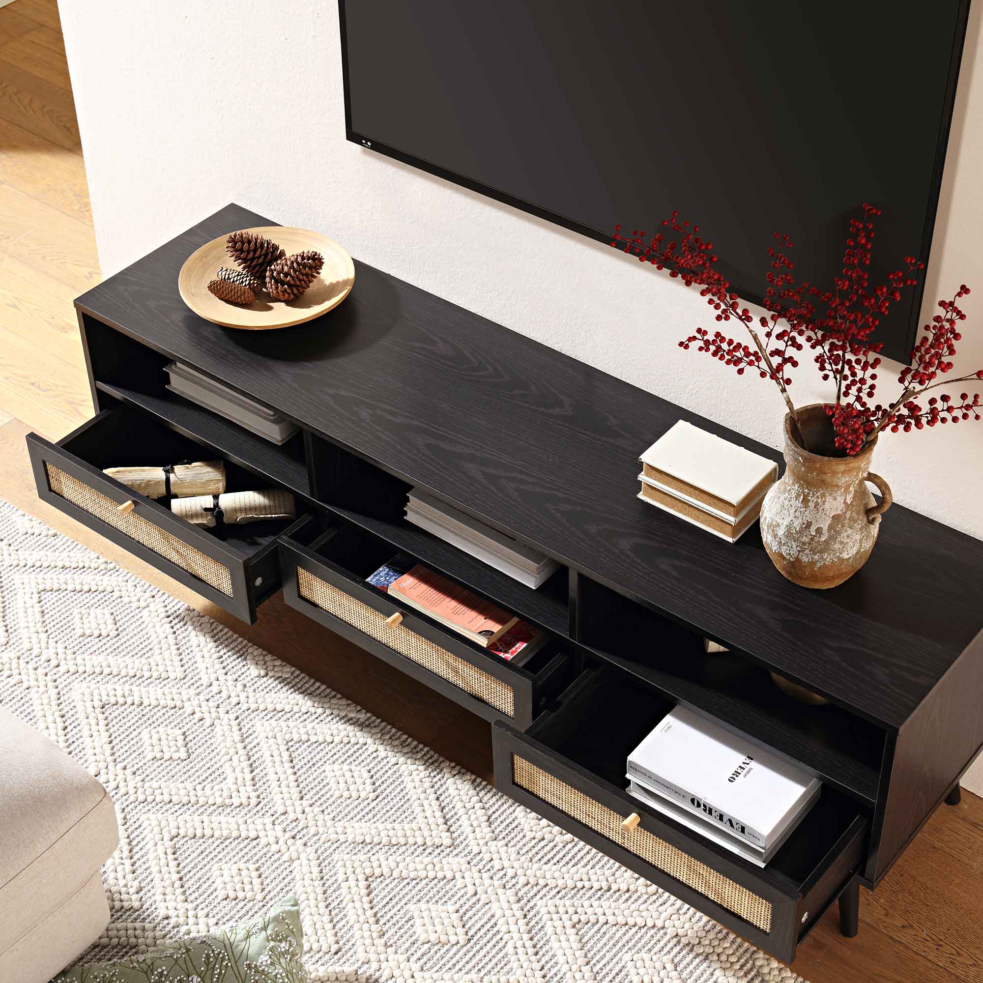 Frances Woven Rattan 63in. 3-Drawer TV Unit, Black