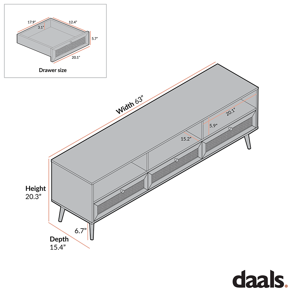 Frances Woven Rattan 63in. 3-Drawer TV Unit, Black