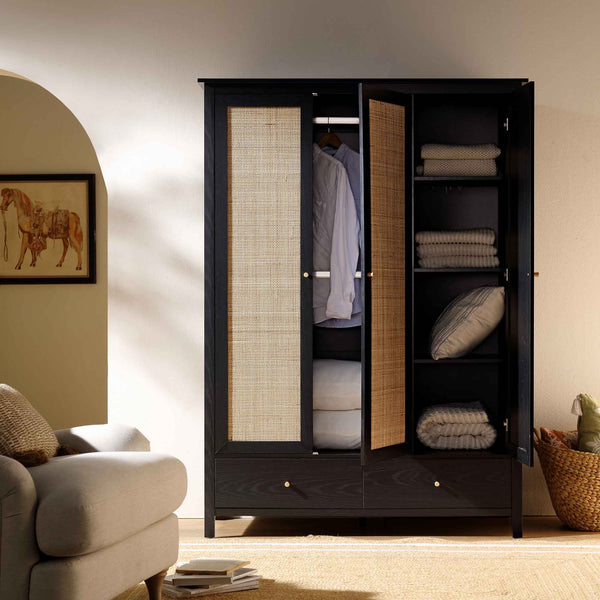 Frances Rattan Triple Closet with 2 Drawers, Black