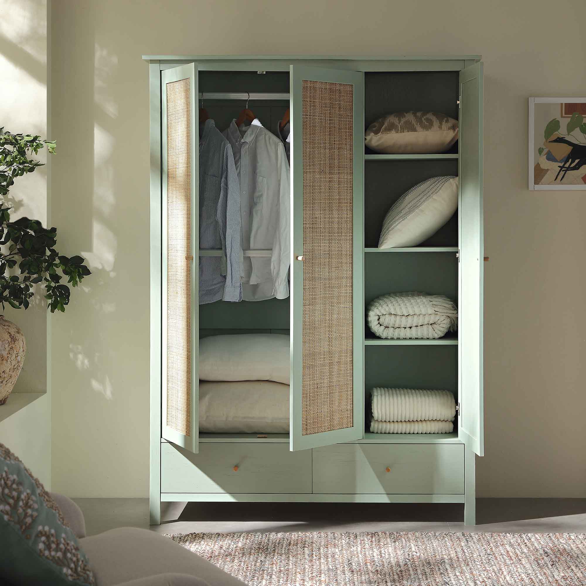 Frances Rattan Triple Closet with 2 Drawers, Mint