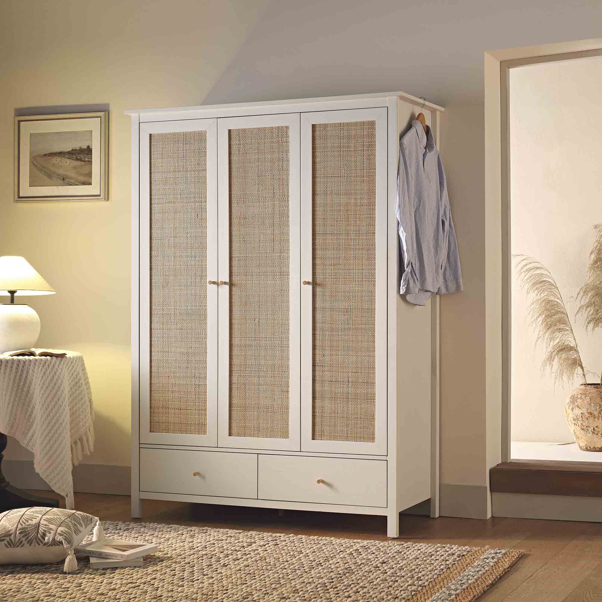 Frances Rattan Triple Closet with 2 Drawers, White