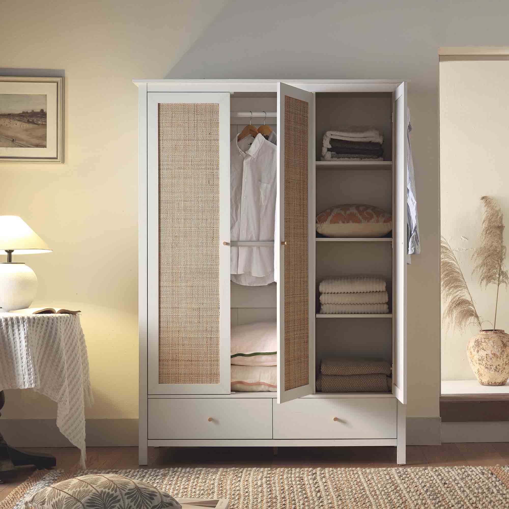 Frances Rattan Triple Closet with 2 Drawers, White