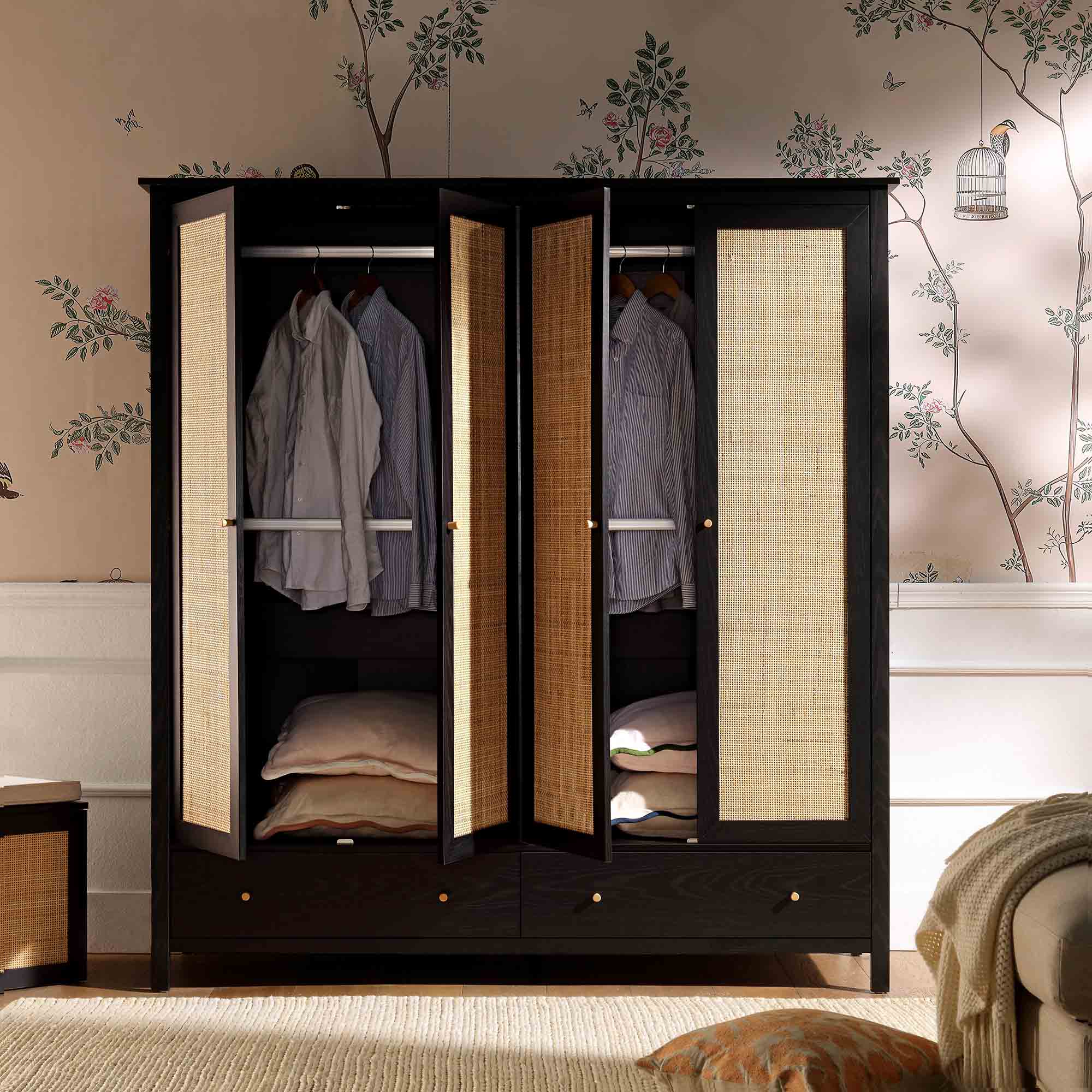 Frances Rattan 4-Door Closet with 2 Drawers, Black