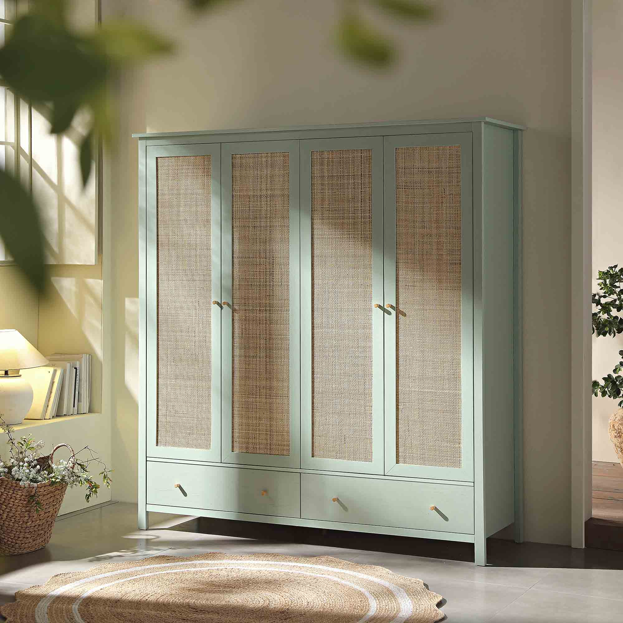 Frances Rattan 4-Door Closet with 2 Drawers, Mint