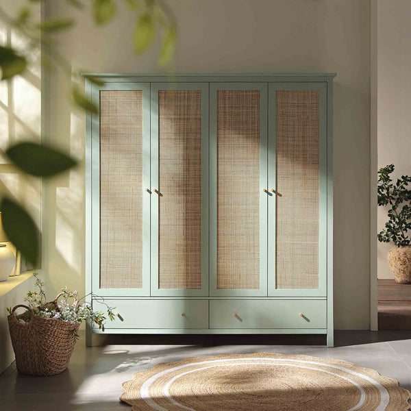 Frances Rattan 4-Door Closet with 2 Drawers, Mint