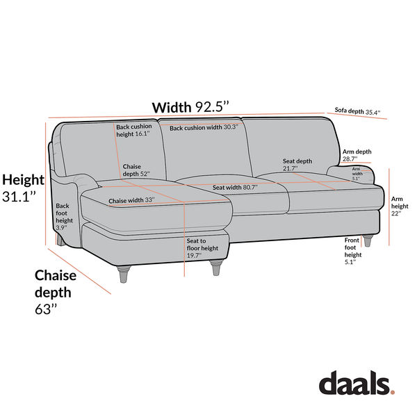 Daphnis Cinnamon Velvet Sofa, Grande Chaise Sofa Left Hand Facing