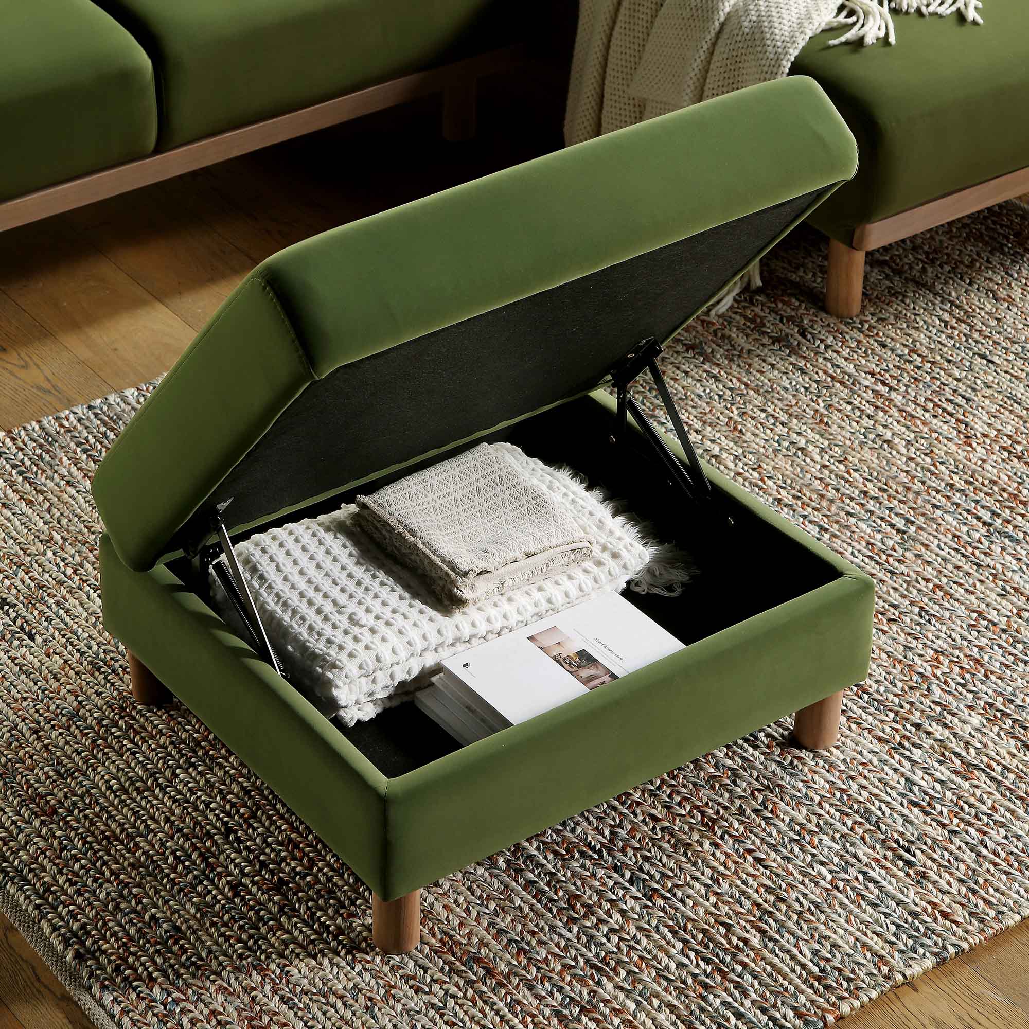 Timber Fern Green Velvet Storage Ottoman