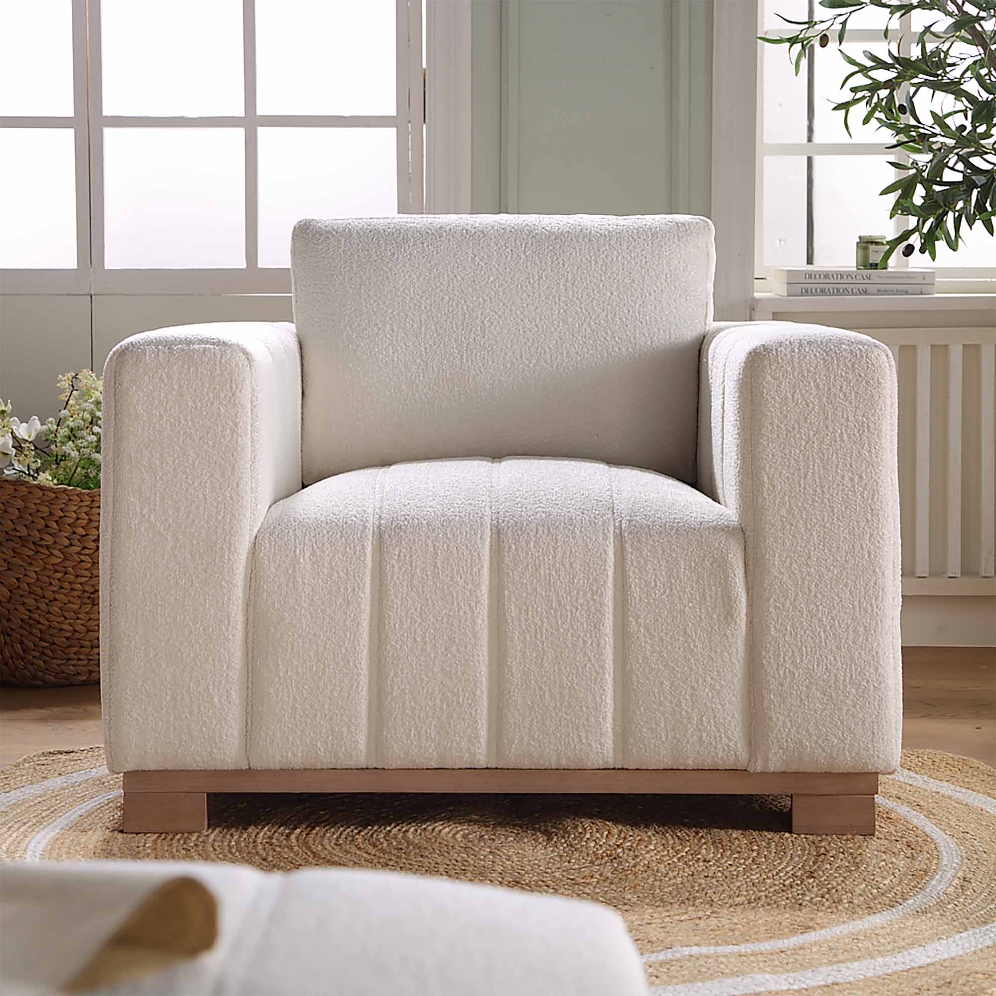 Belsize Beige Boucle Sofa with Wooden Base, 1-Seater