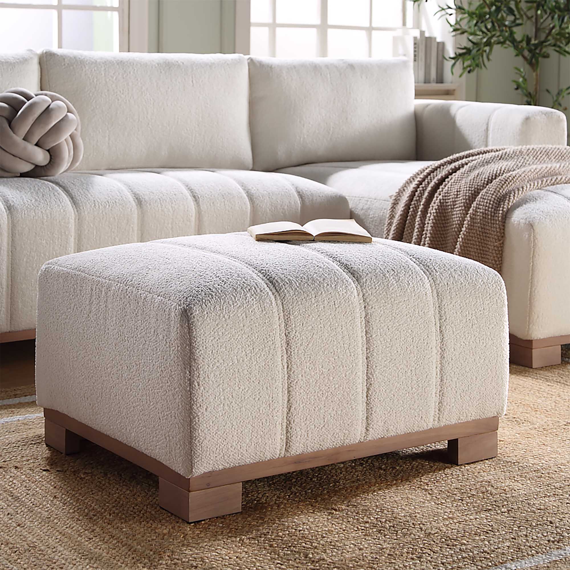 Belsize Beige Boucle Footstool with Wooden Base