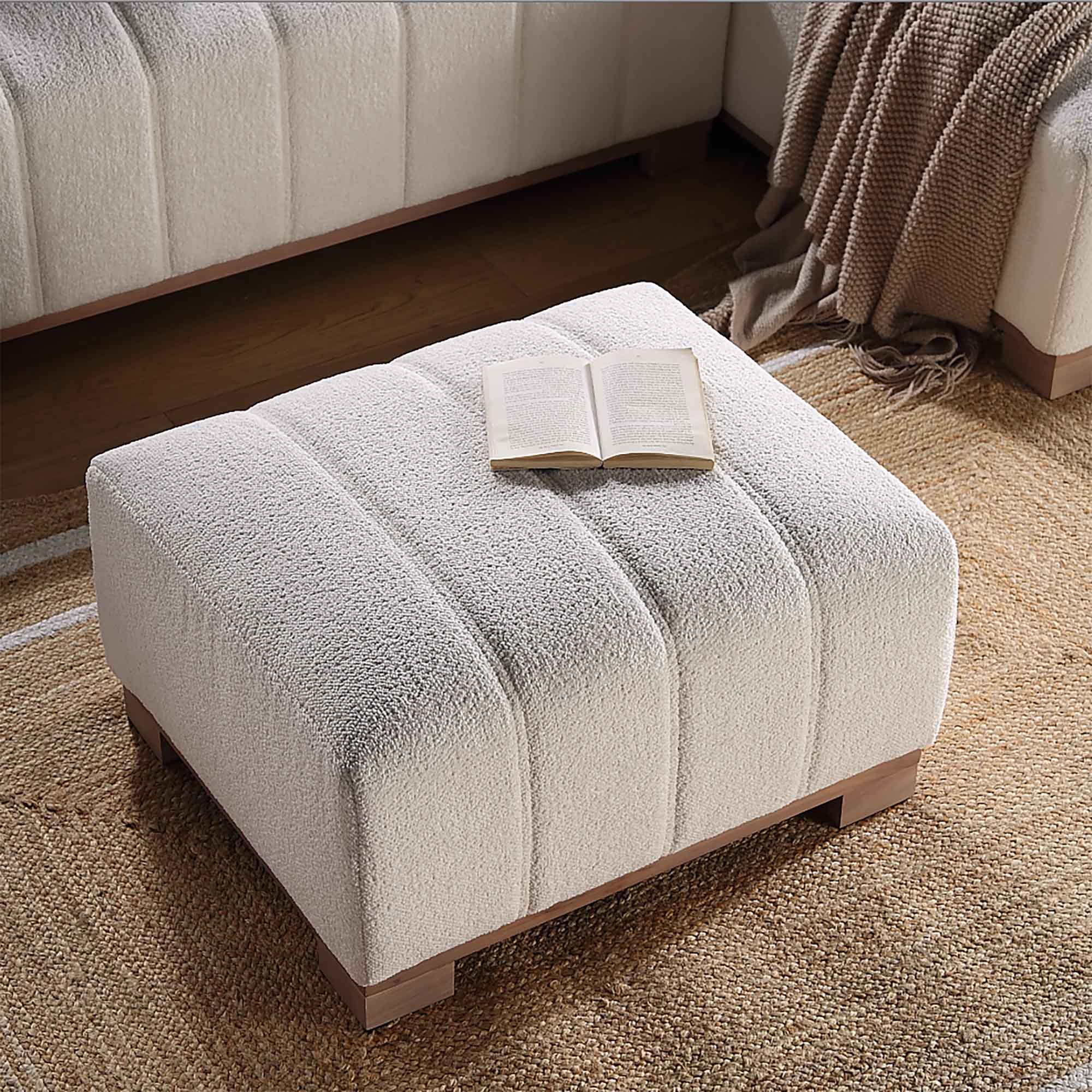 Belsize Beige Boucle Footstool with Wooden Base