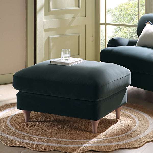 Daphnis Aegean Blue Velvet Sofa, Footstool