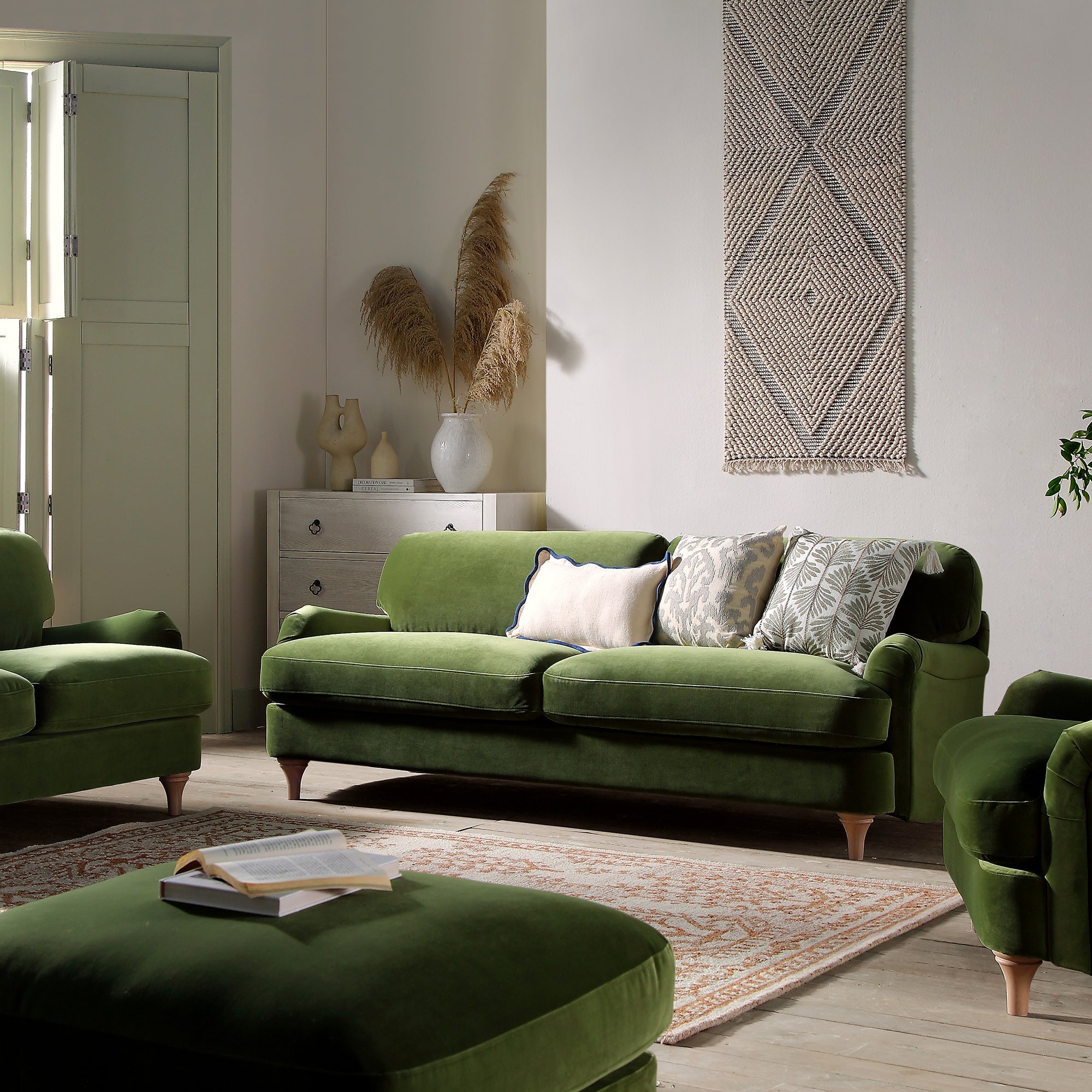 Daphnis Fern Green Velvet Sofa, 3-Seater