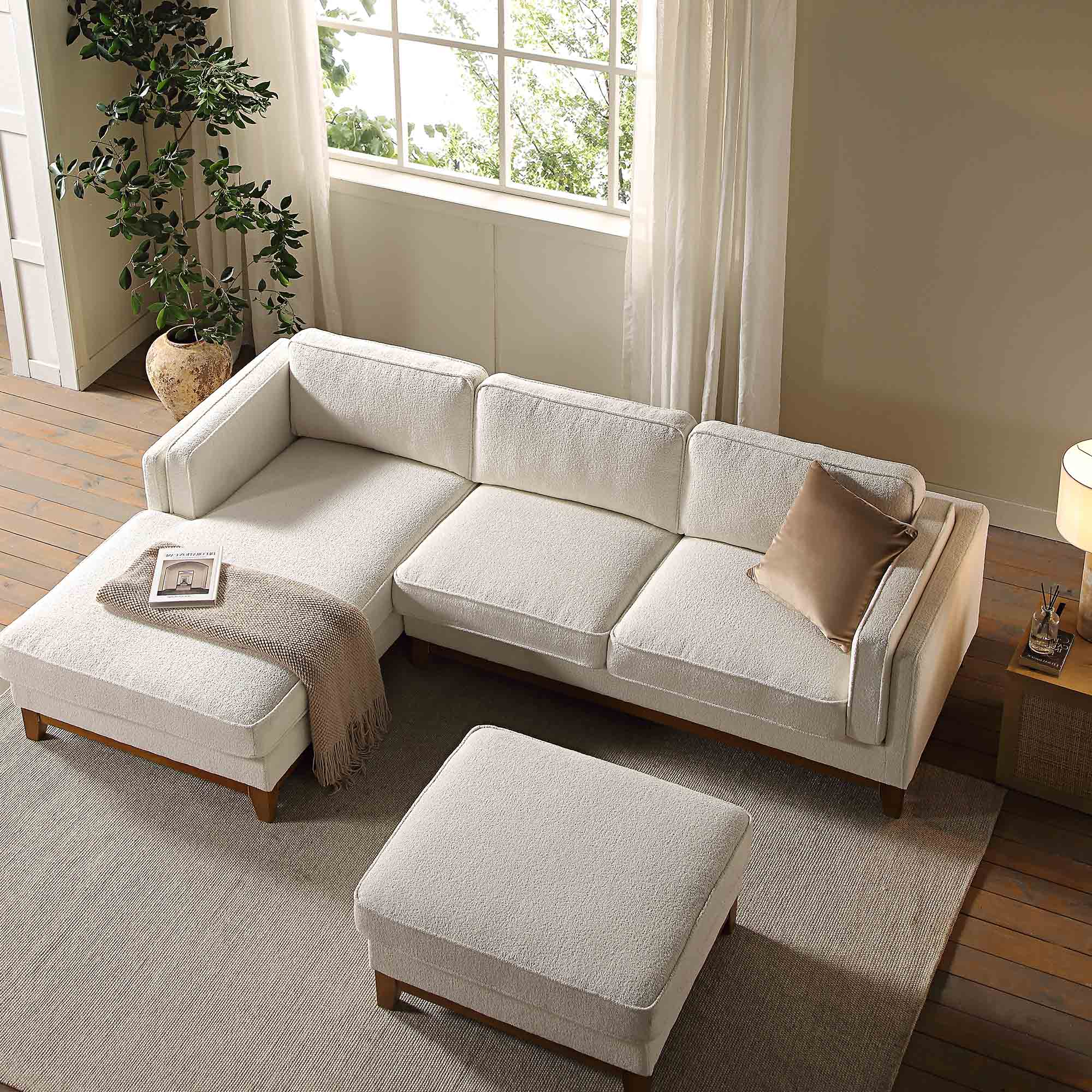 Dipley Beige Boucle Fabric Sofa, Grande Chaise Sofa Left Hand Facing