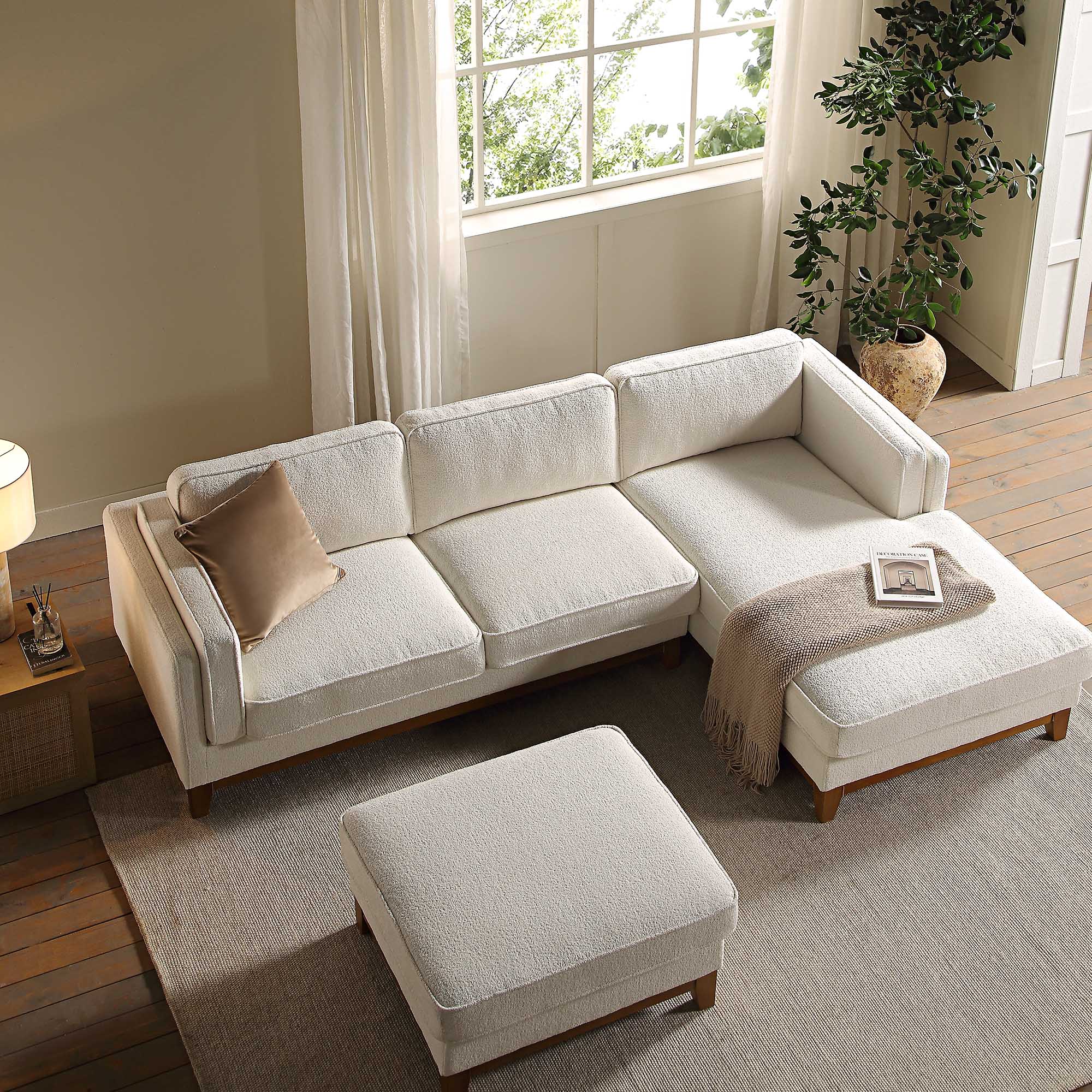 Dipley Beige Boucle Fabric Sofa, Grande Chaise Sofa Right Hand Facing