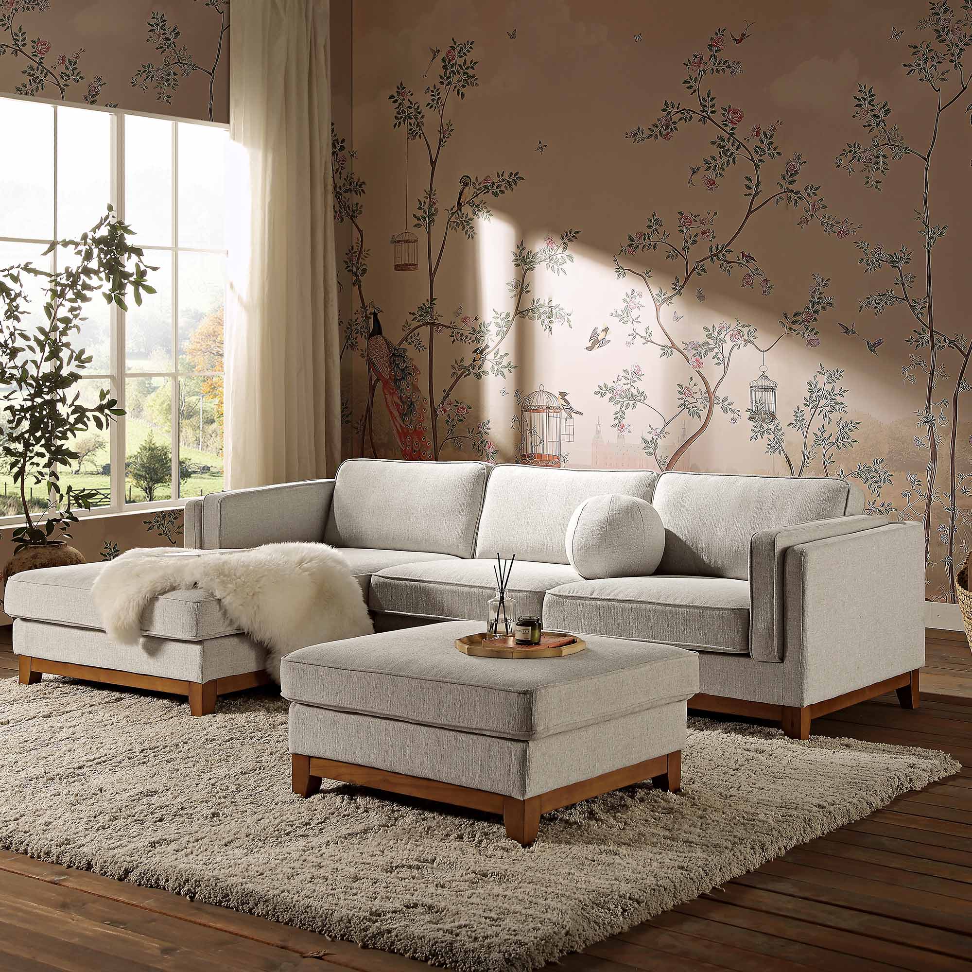 Dipley Oatmeal Woven Fabric Sofa, Grande Chaise Sofa Left Hand Facing