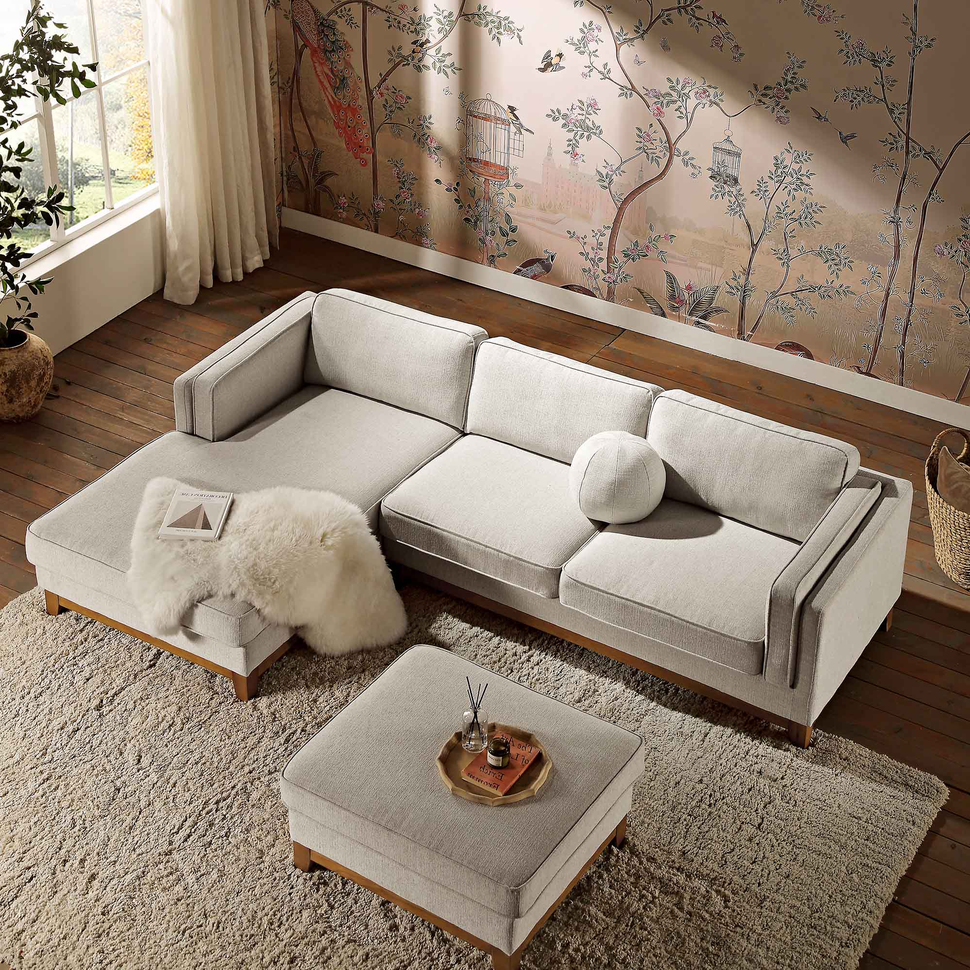 Dipley Oatmeal Woven Fabric Sofa, Grande Chaise Sofa Left Hand Facing