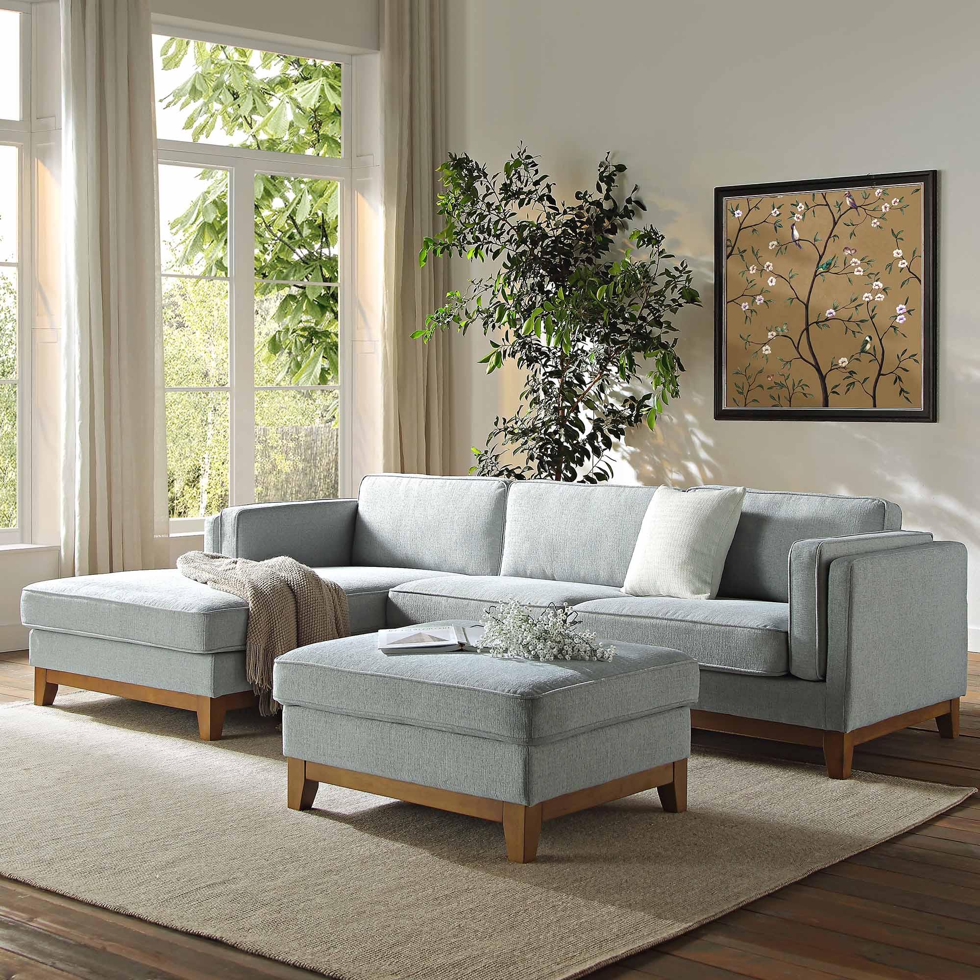 Dipley Sage Woven Fabric Sofa, Grande Chaise Sofa Left Hand Facing