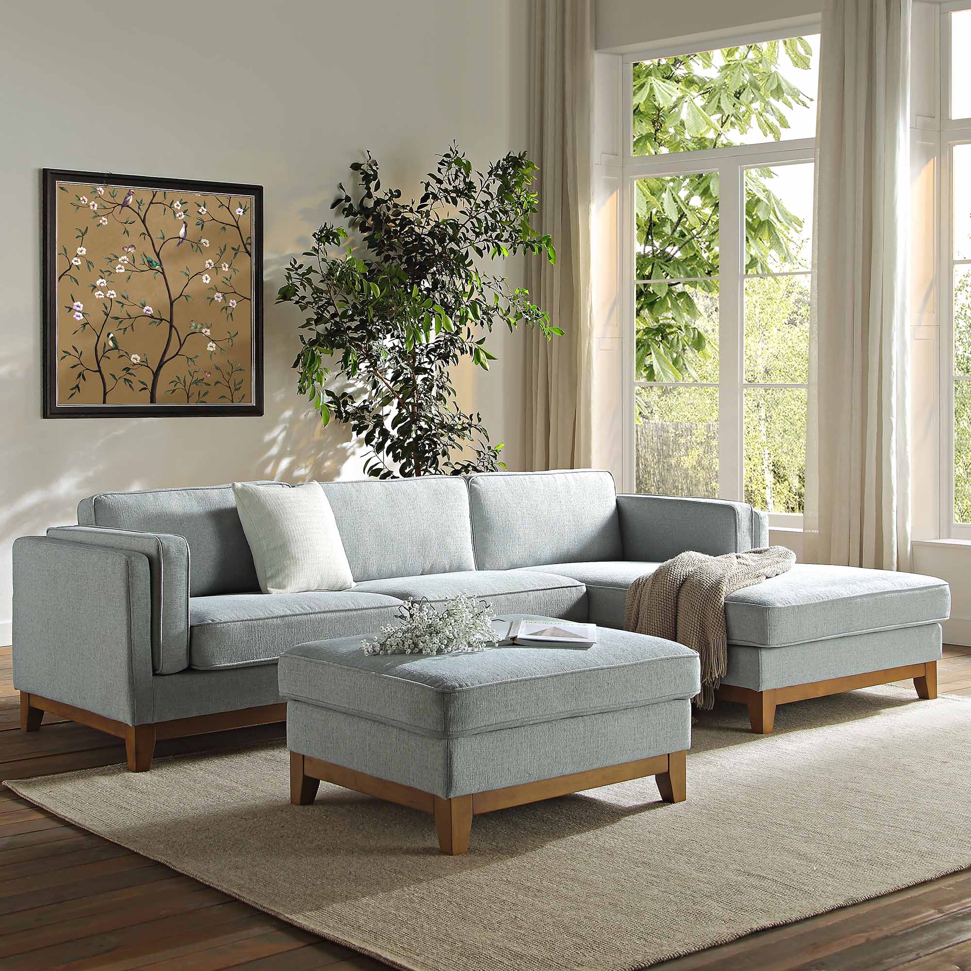 Dipley Sage Woven Fabric Sofa, Grande Chaise Sofa Right Hand