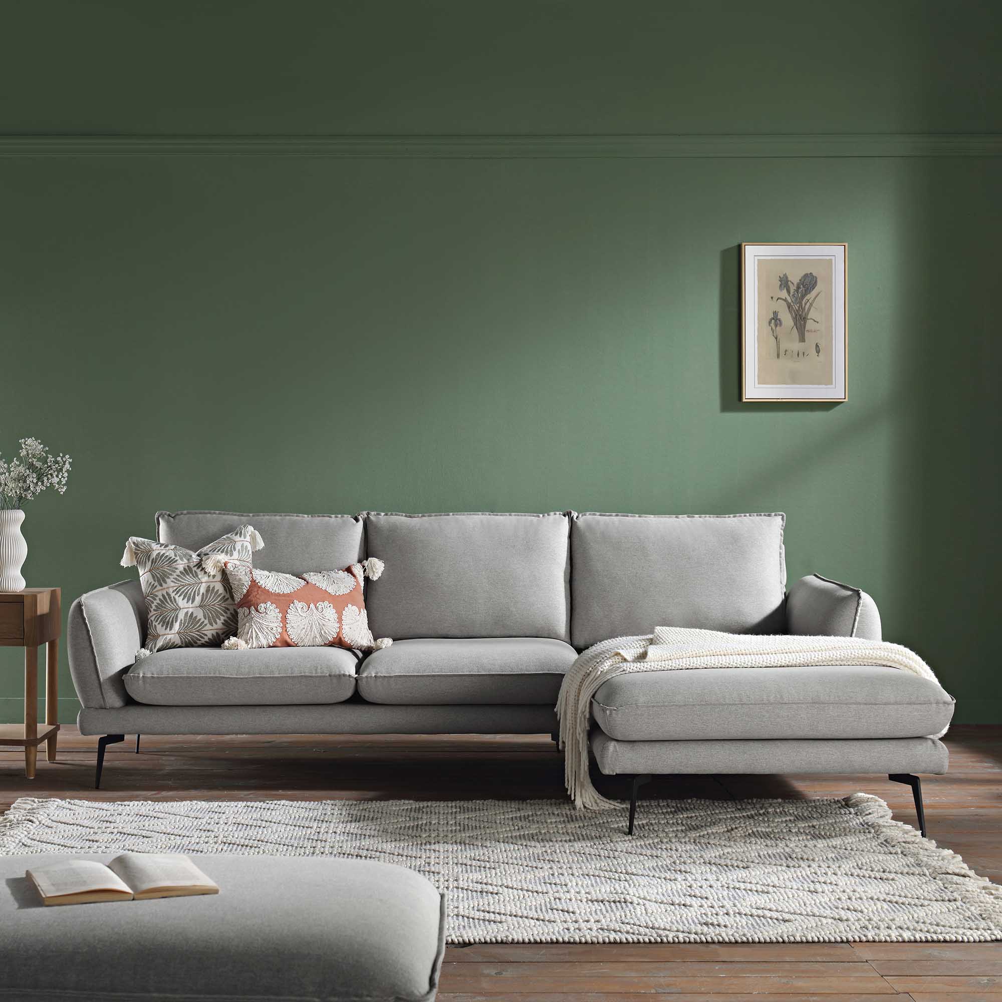 Obriel Grey Marl Fabric Sofa, Grande Chaise Sofa Right Hand