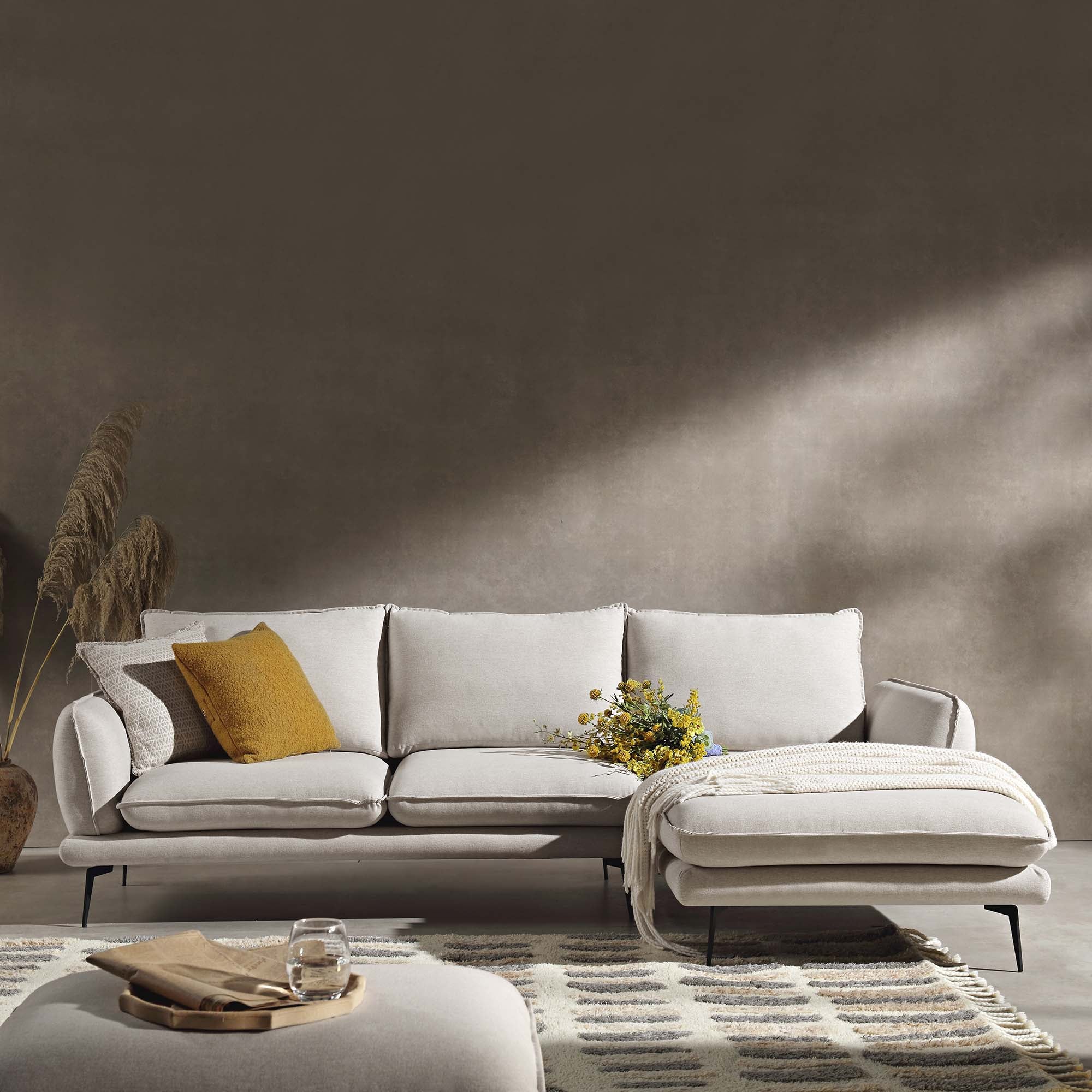 Obriel Oatmeal Fabric Sofa, Grande Chaise Sofa Right Hand Facing