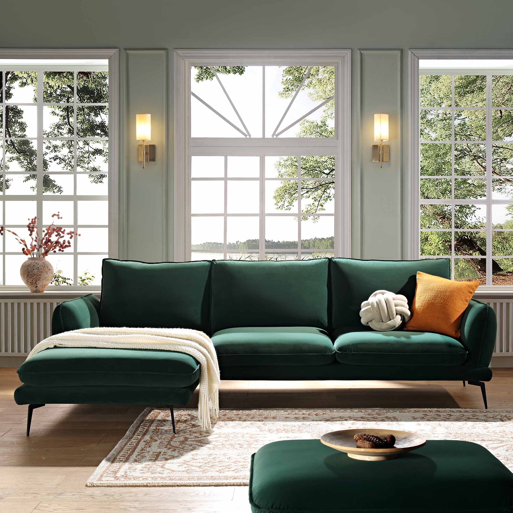 Obriel Forest Green Velvet Sofa, Grande Chaise Sofa Left Hand