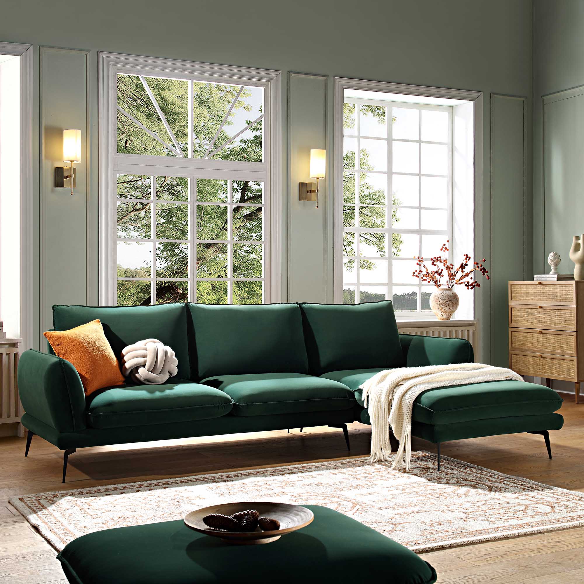 Obriel Forest Green Velvet Sofa, Grande Chaise Sofa Right Hand