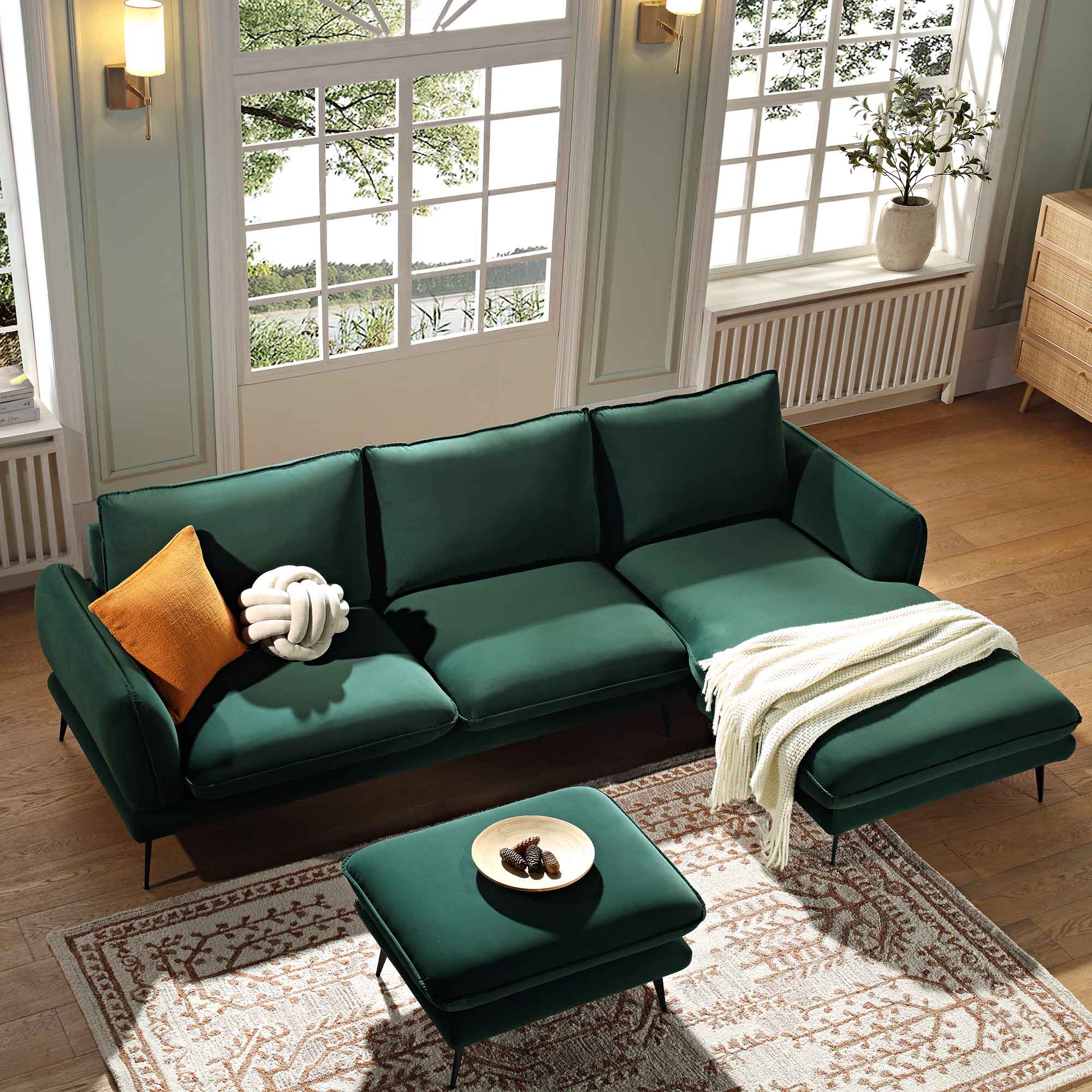 Obriel Forest Green Velvet Sofa, Grande Chaise Sofa Right Hand