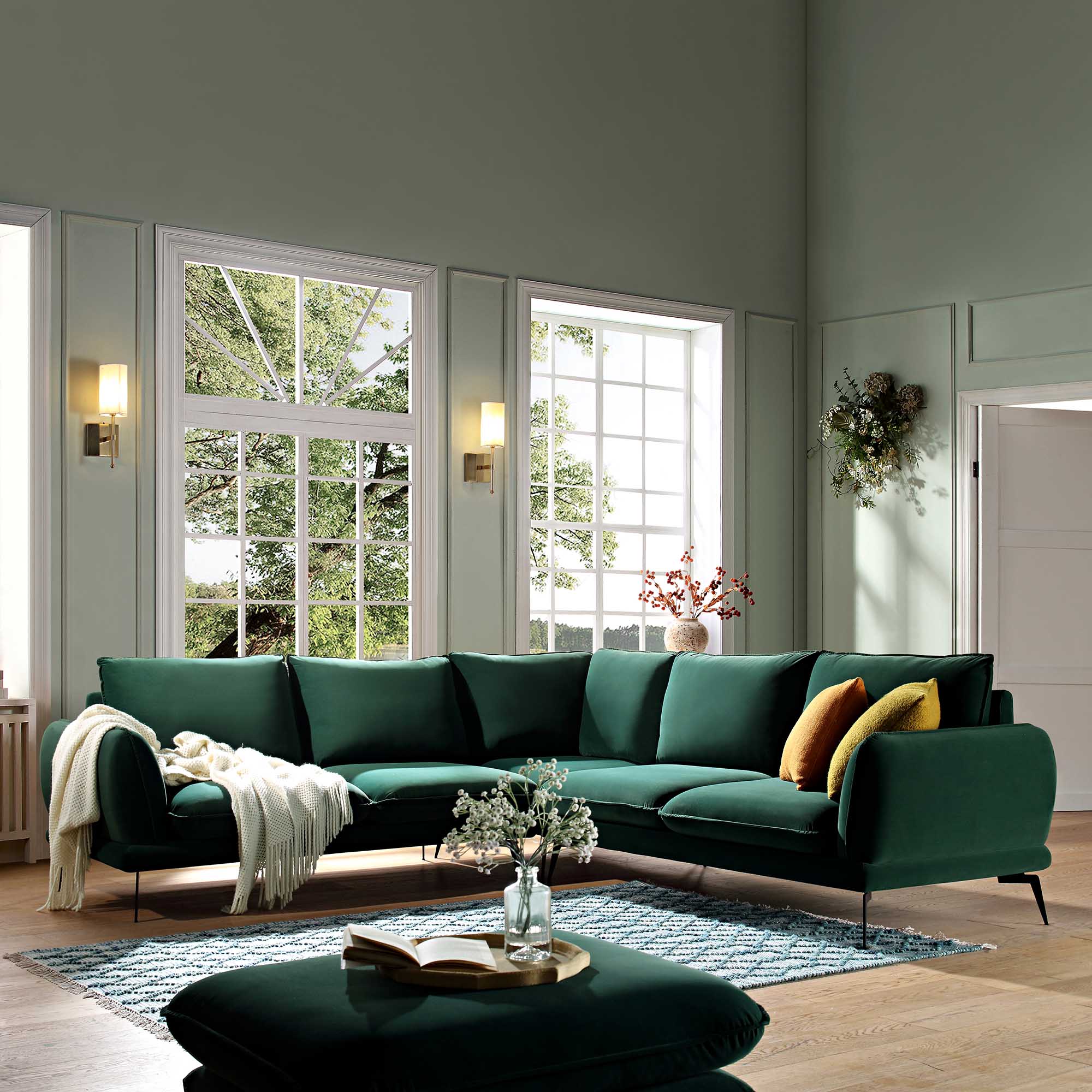 Obriel Forest Green Velvet Grande Corner Sofa