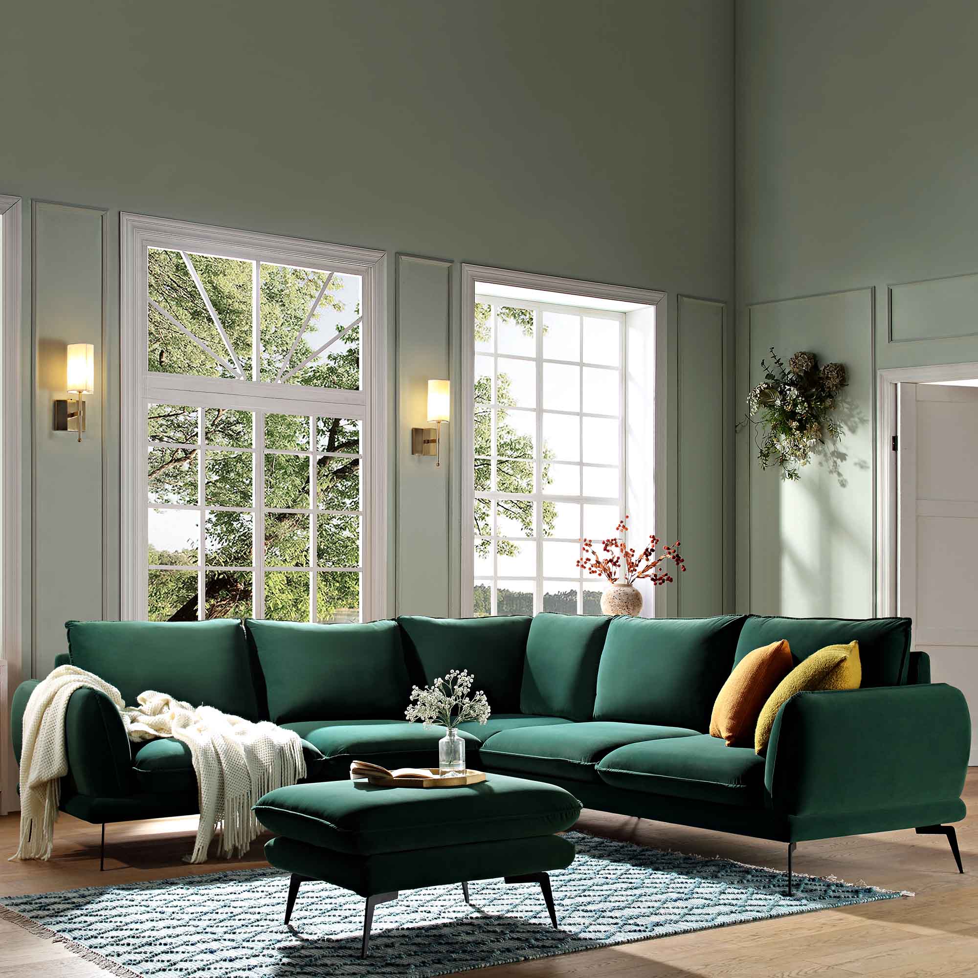 Obriel Forest Green Velvet Grande Corner Sofa