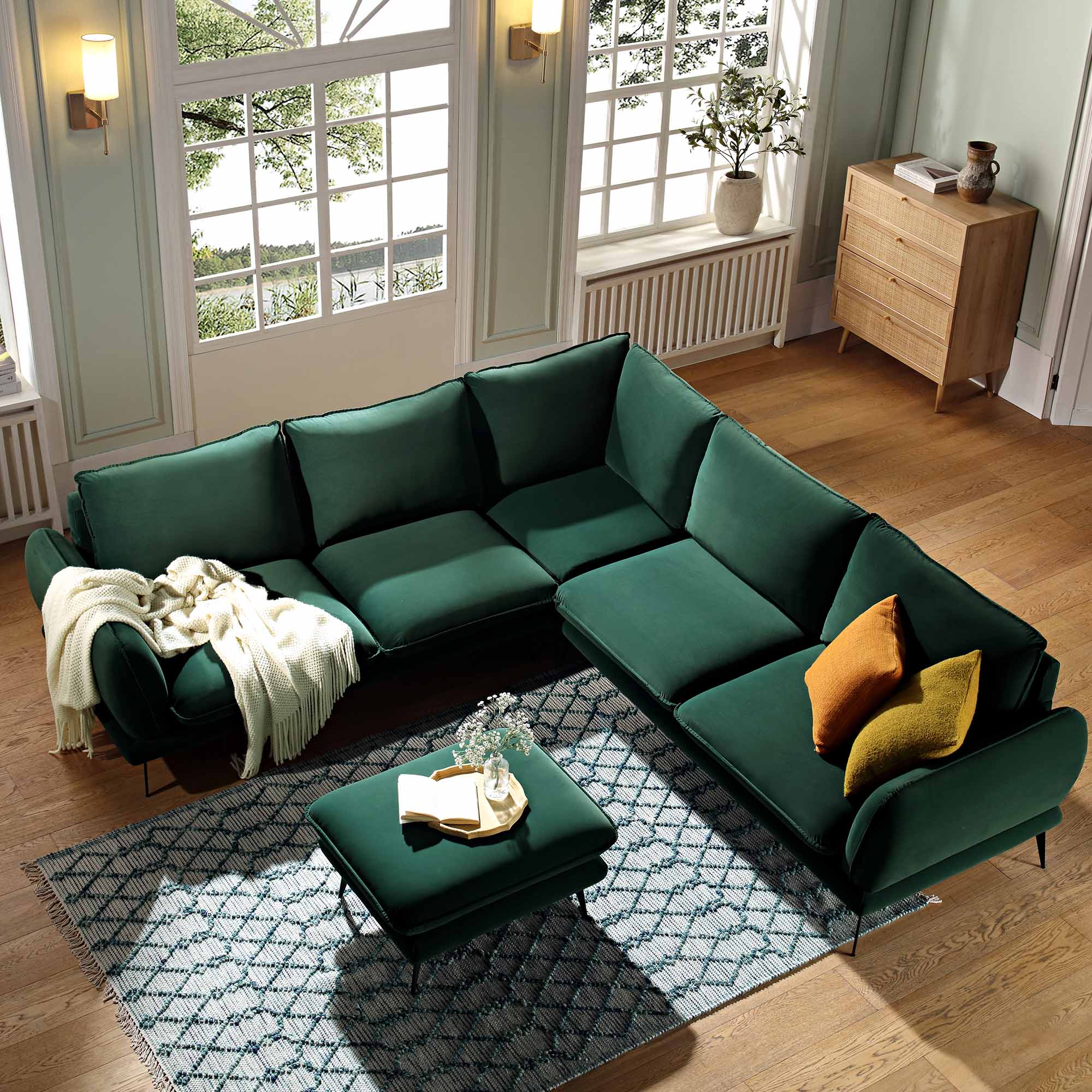 Obriel Forest Green Velvet Grande Corner Sofa