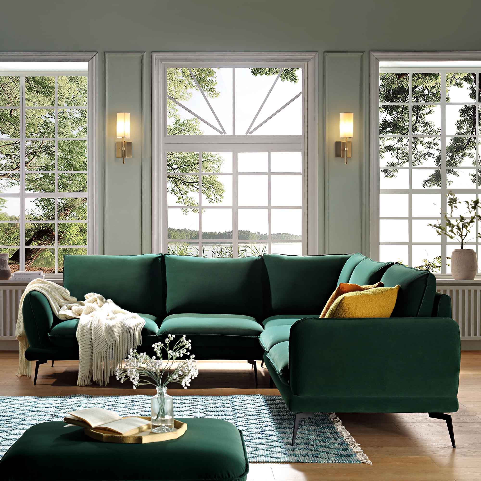 Obriel Forest Green Velvet Grande Corner Sofa