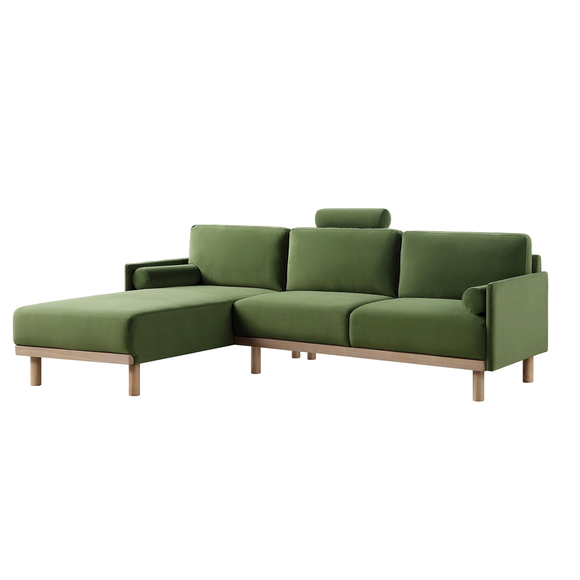 Timber Fern Green Velvet Sofa, Large 3-Seater Chaise Sofa Left Hand