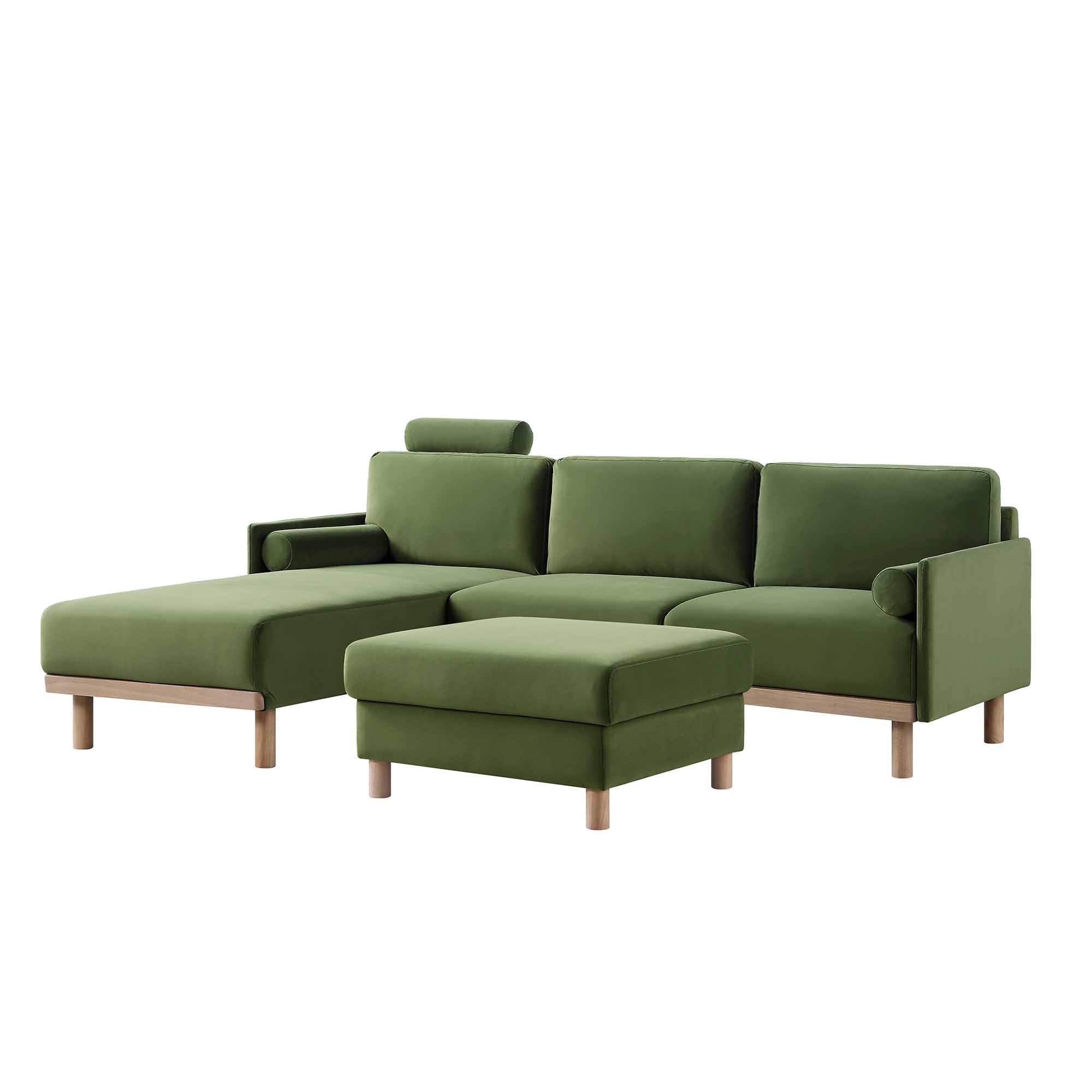 Timber Fern Green Velvet Sofa, Large 3-Seater Chaise Sofa Left Hand