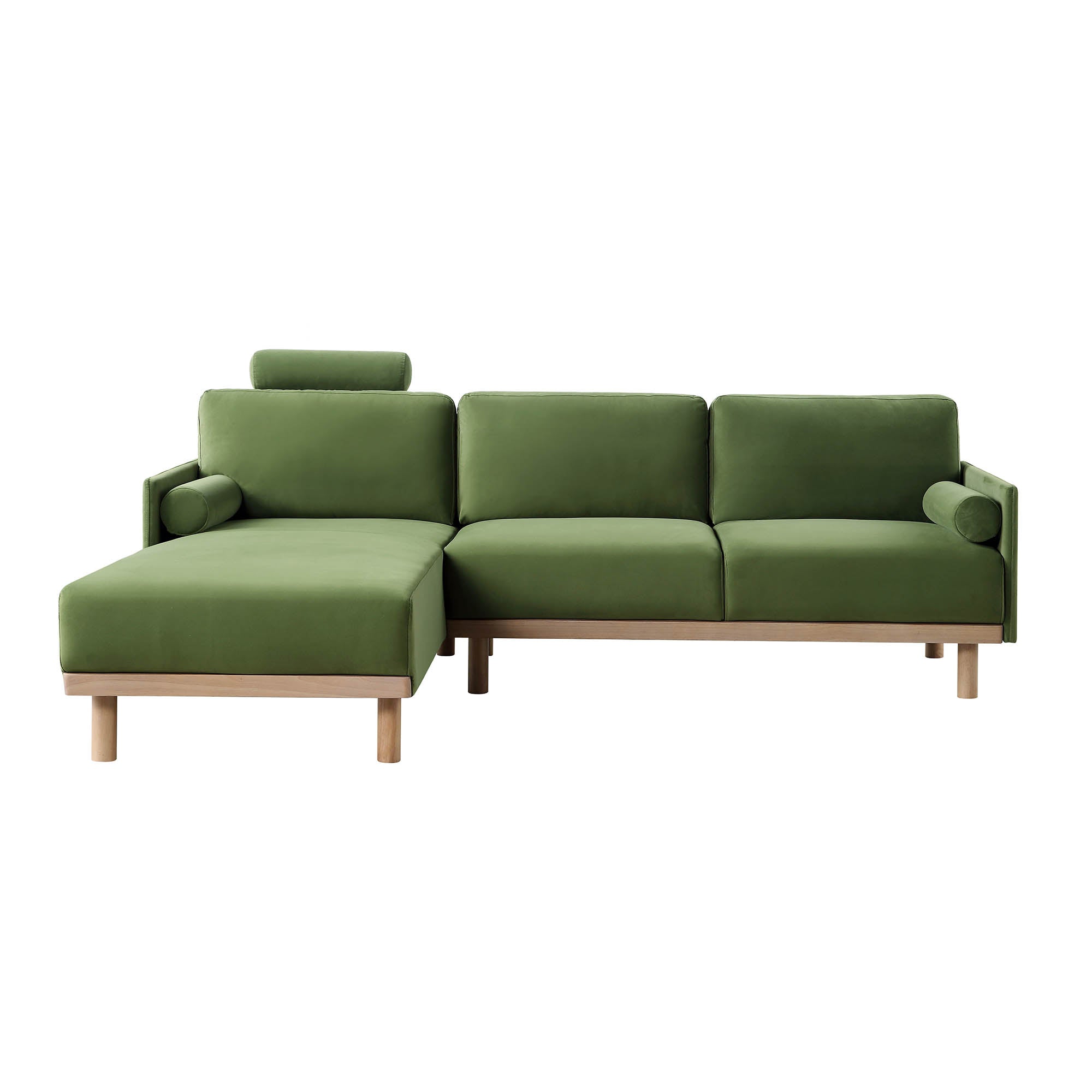 Timber Fern Green Velvet Sofa, Large 3-Seater Chaise Sofa Left Hand Facing